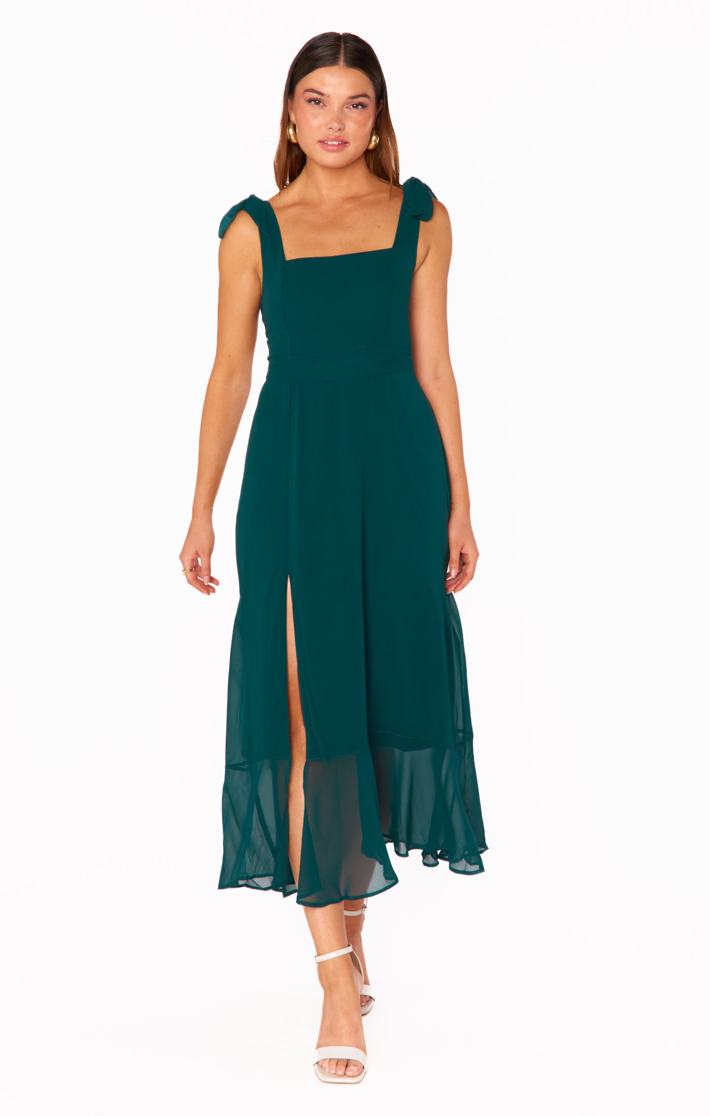 Emerald Chiffon Square Neck Midi Dress with Detachable Sash
