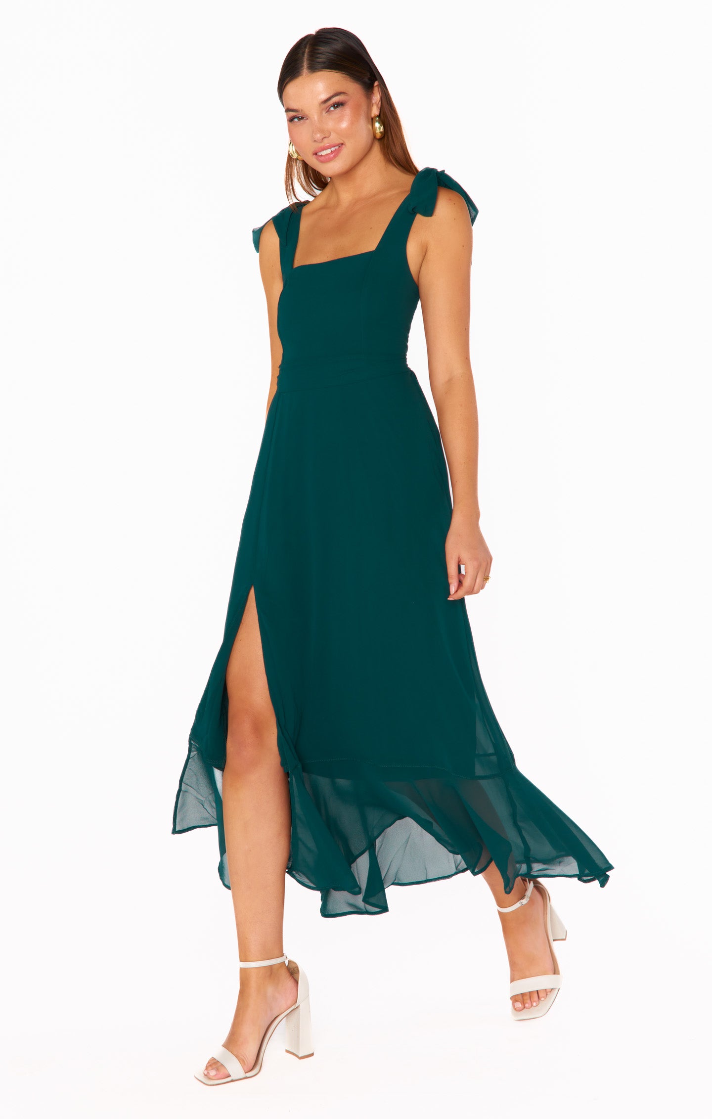 Emerald Chiffon Square Neck Midi Dress with Detachable Sash