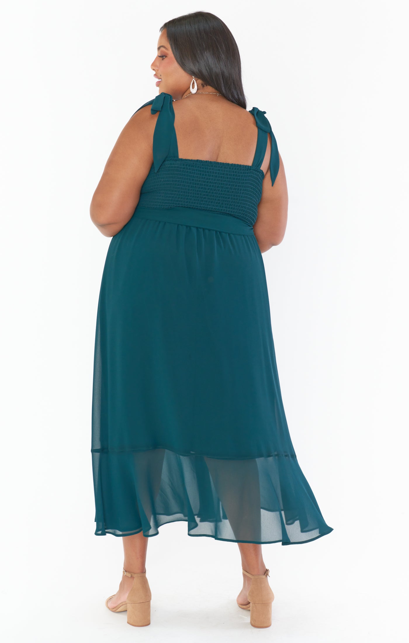Emerald Chiffon Square Neck Midi Dress with Detachable Sash
