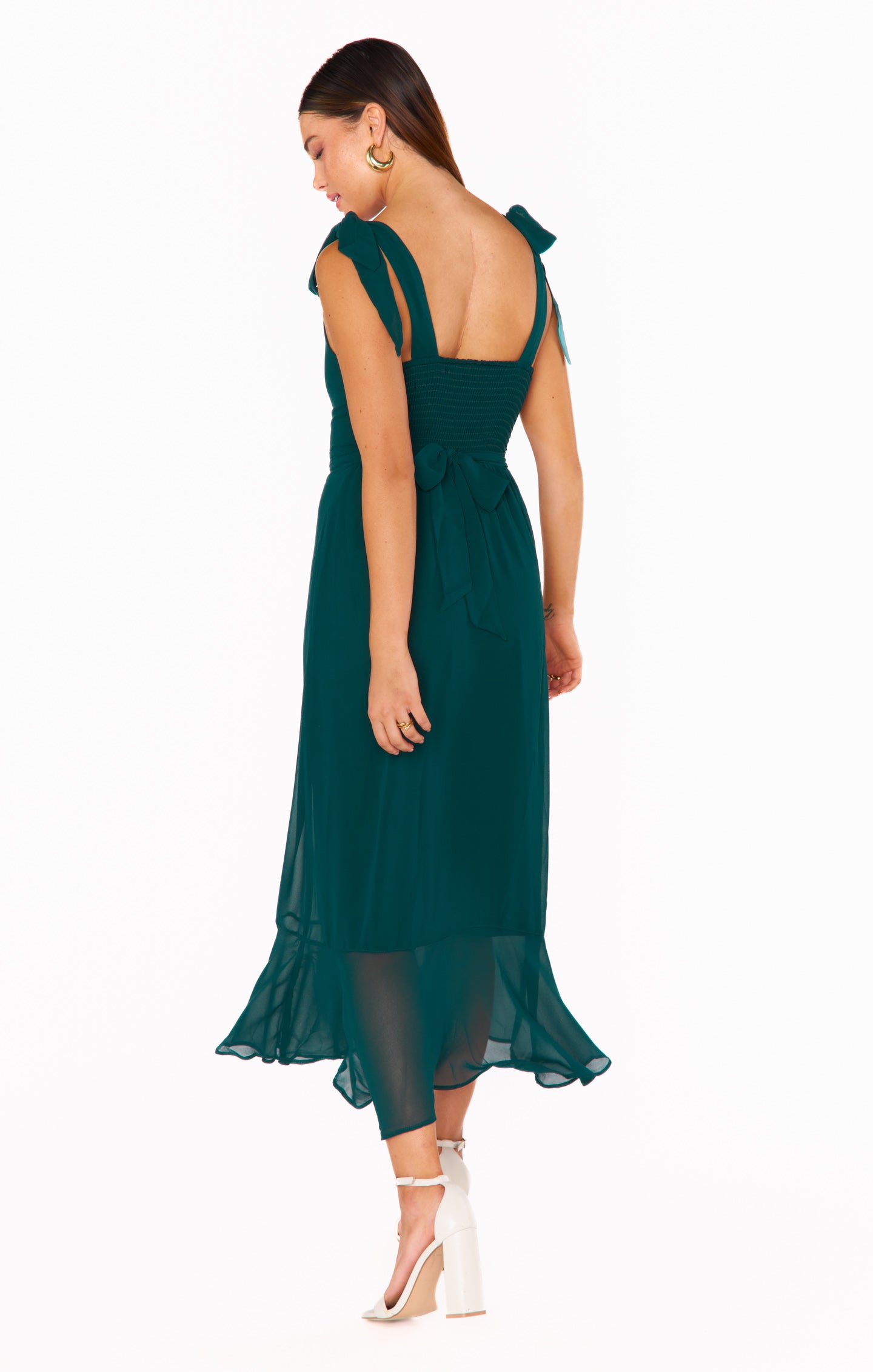 Emerald Chiffon Square Neck Midi Dress with Detachable Sash