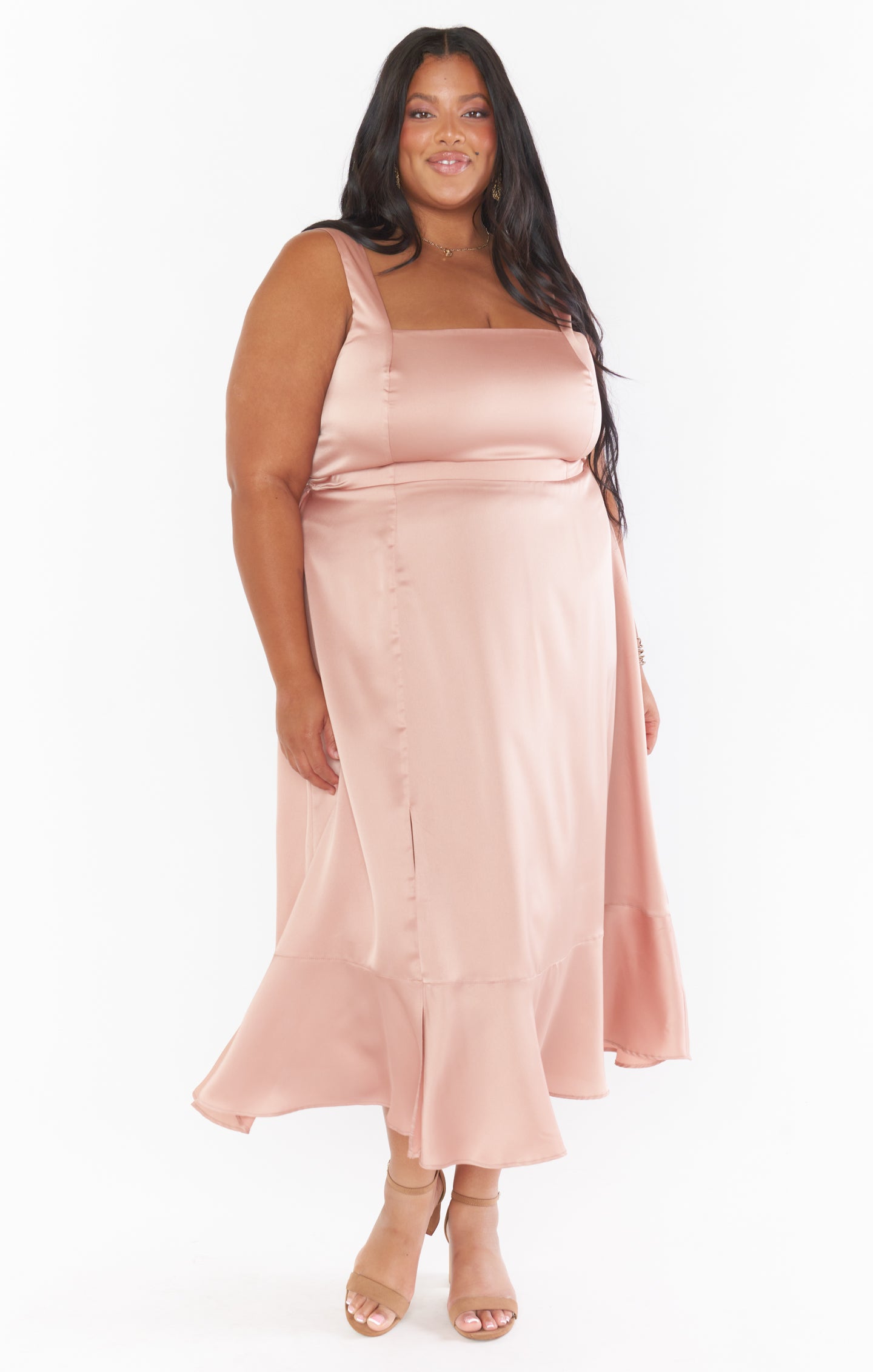 Rose Gold Satin Midi Dress with Detachable Waist Sash