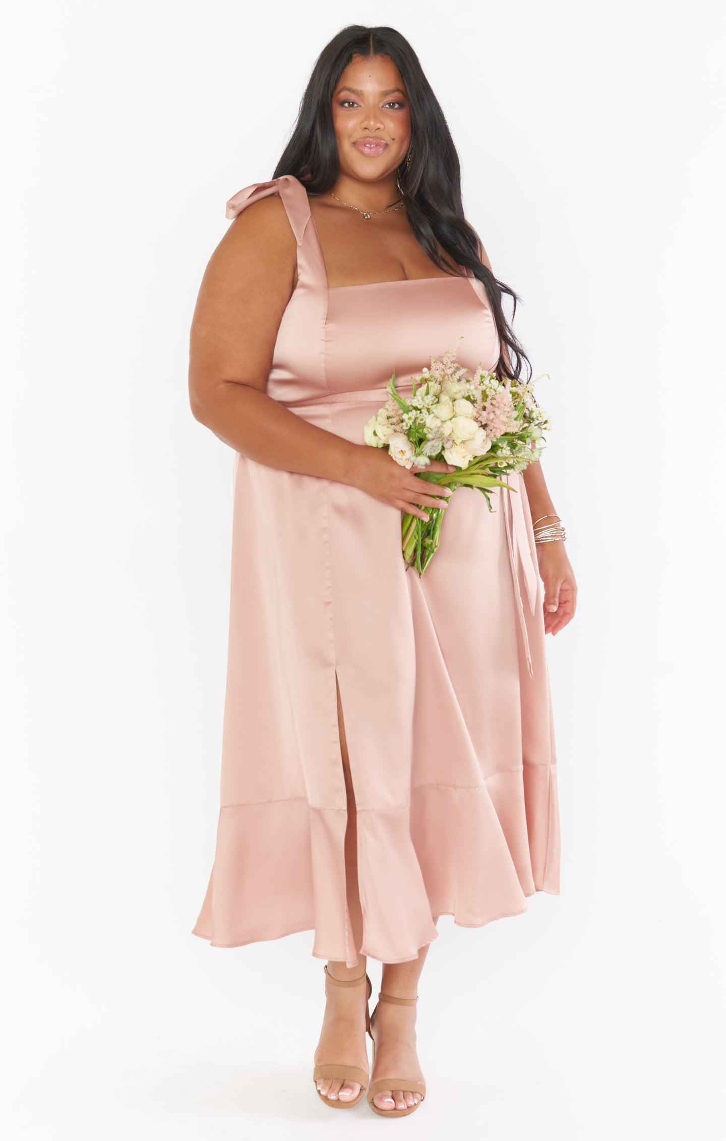 Rose Gold Satin Midi Dress with Detachable Waist Sash