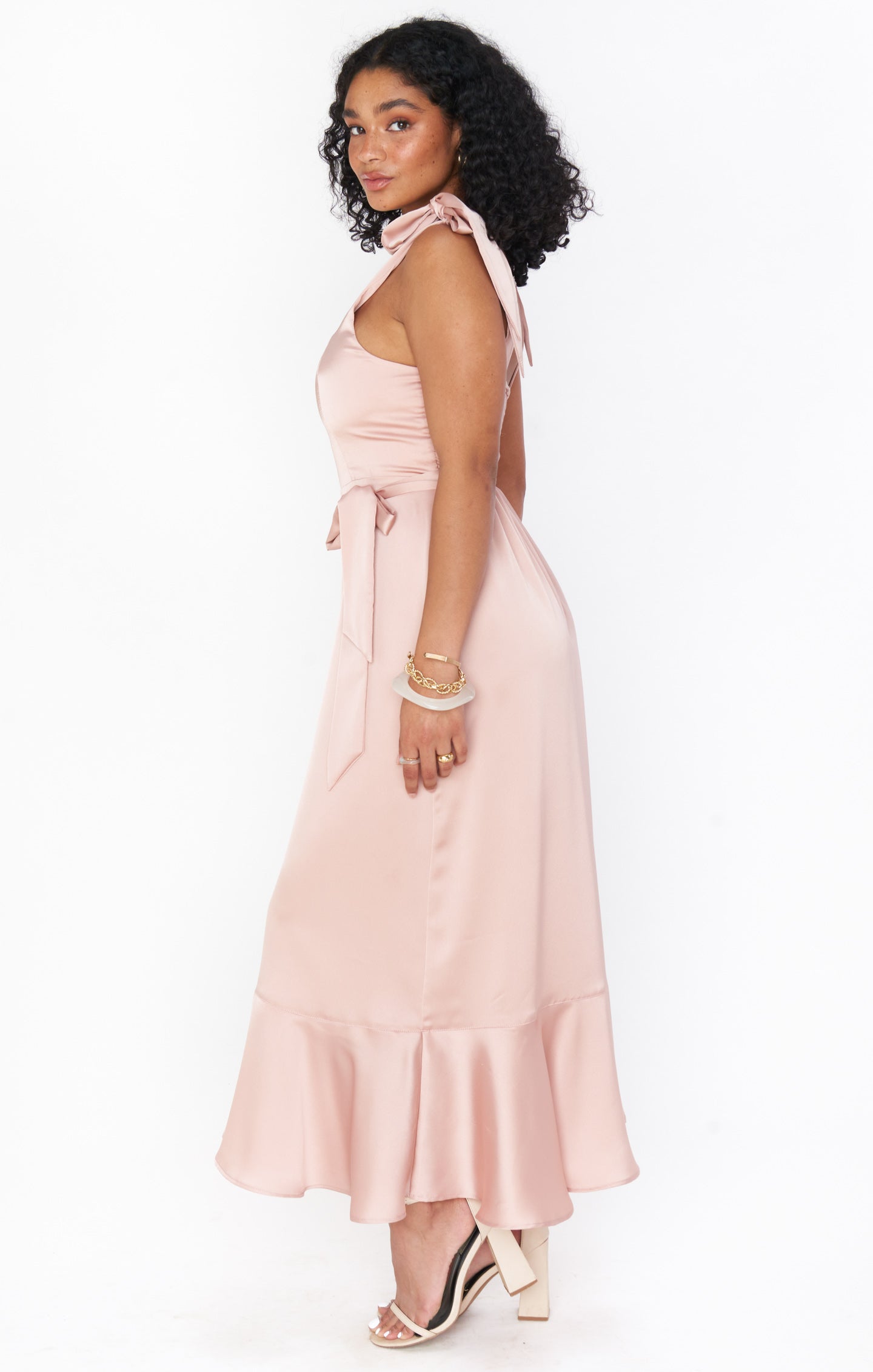 Rose Gold Satin Midi Dress with Detachable Waist Sash