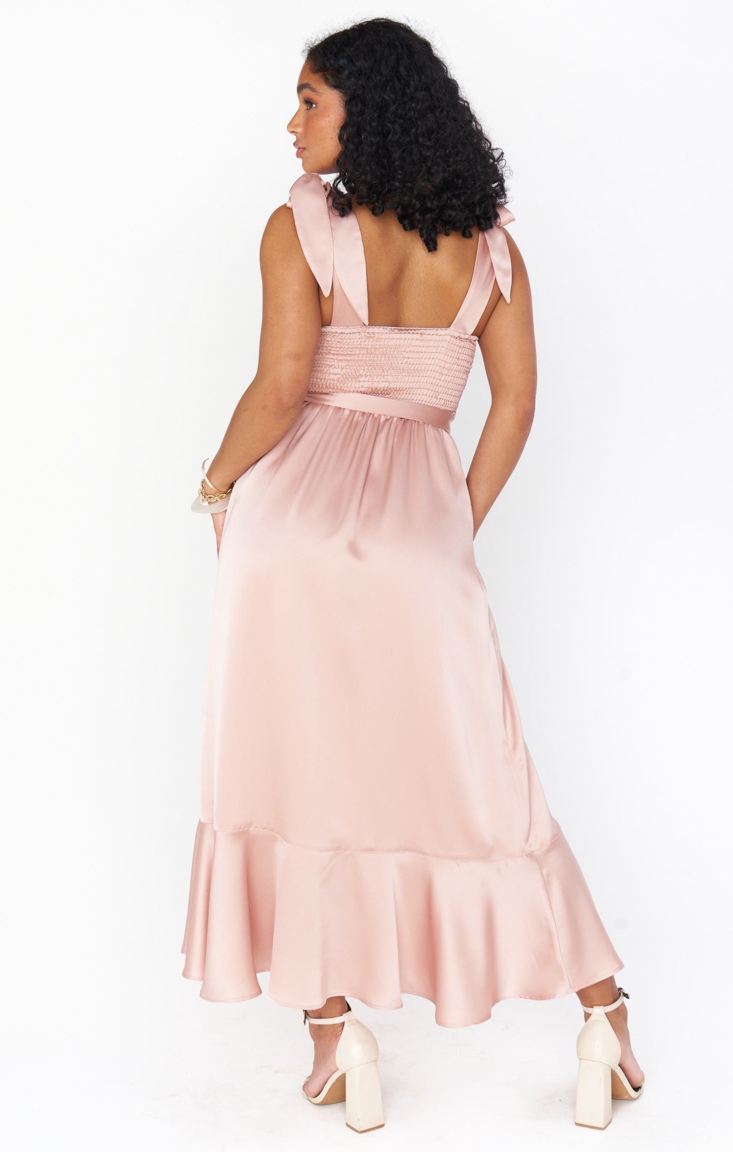 Rose Gold Satin Midi Dress with Detachable Waist Sash