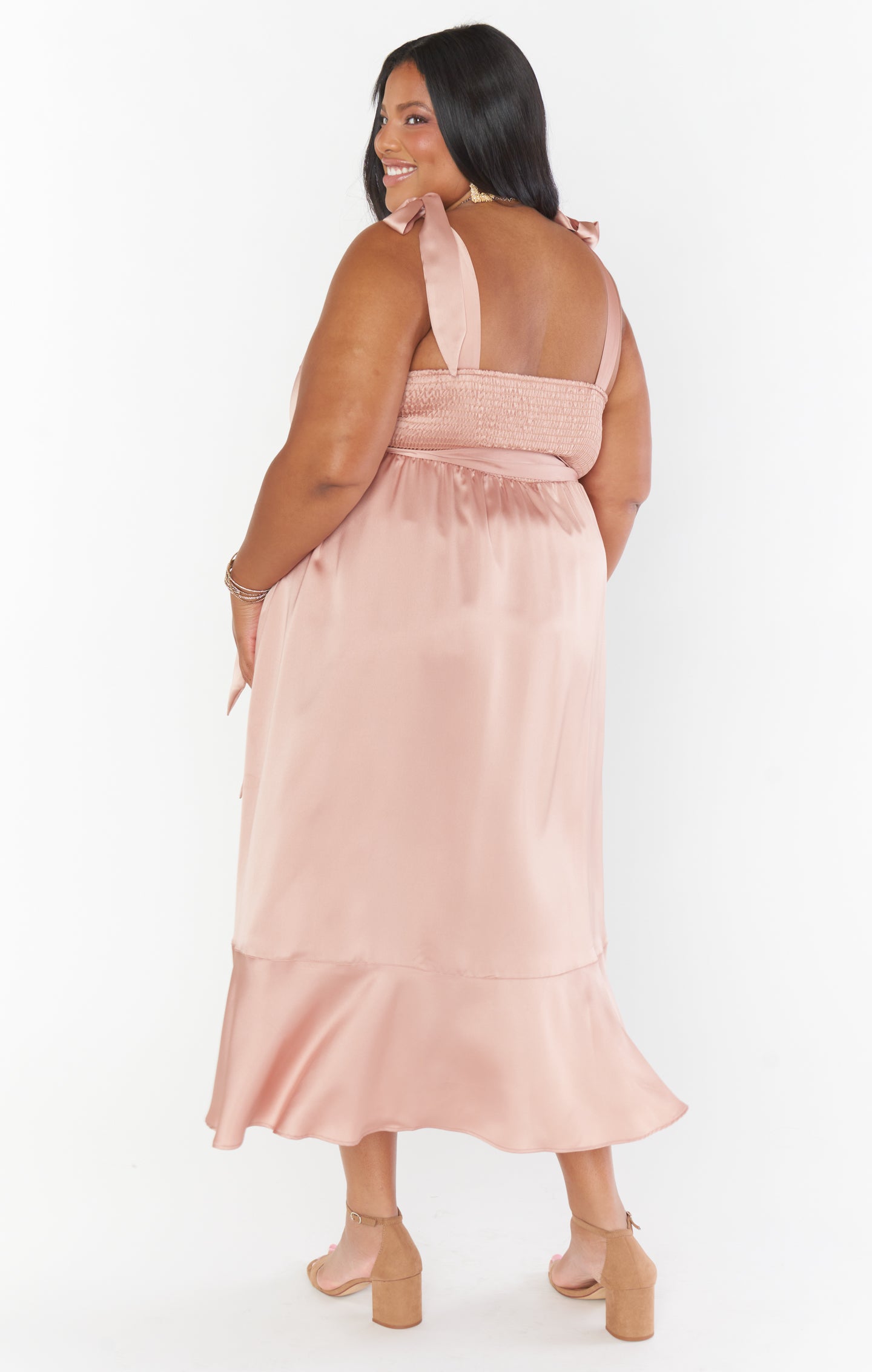 Rose Gold Satin Midi Dress with Detachable Waist Sash