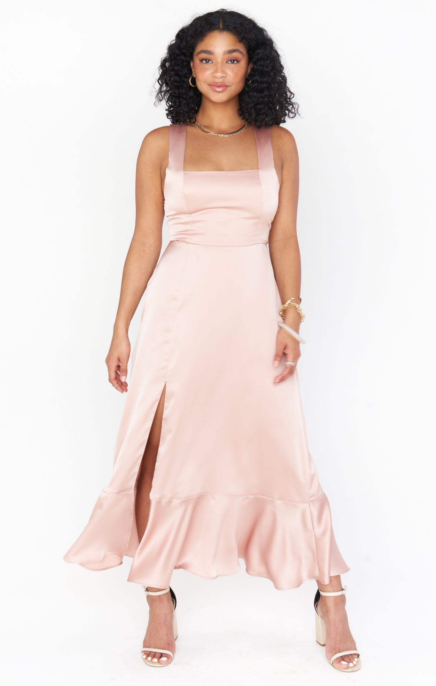 Rose Gold Satin Midi Dress with Detachable Waist Sash