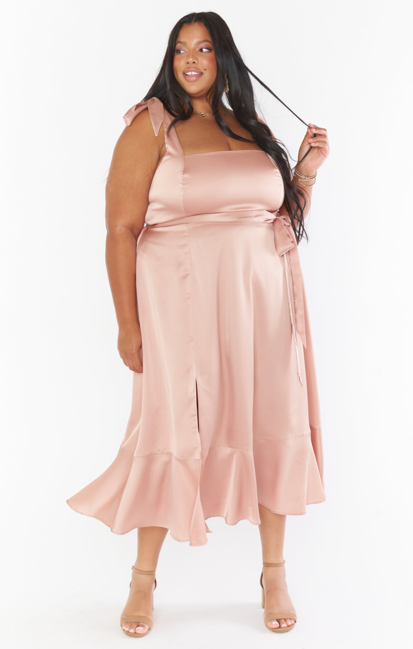 Rose Gold Satin Midi Dress with Detachable Waist Sash