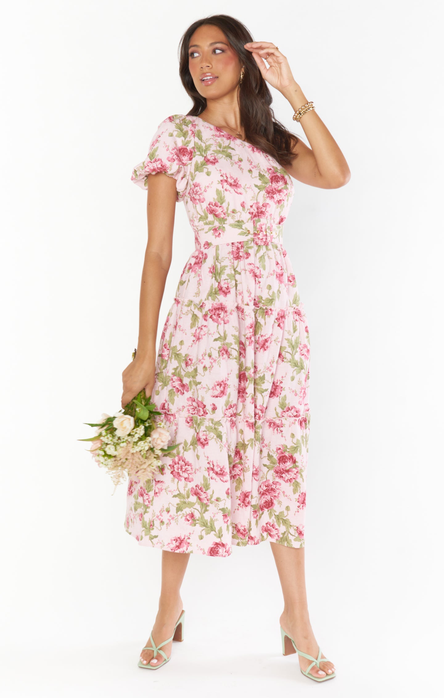 One Shoulder Blush Floral Midi Dress with Puff Sleeve & Belt