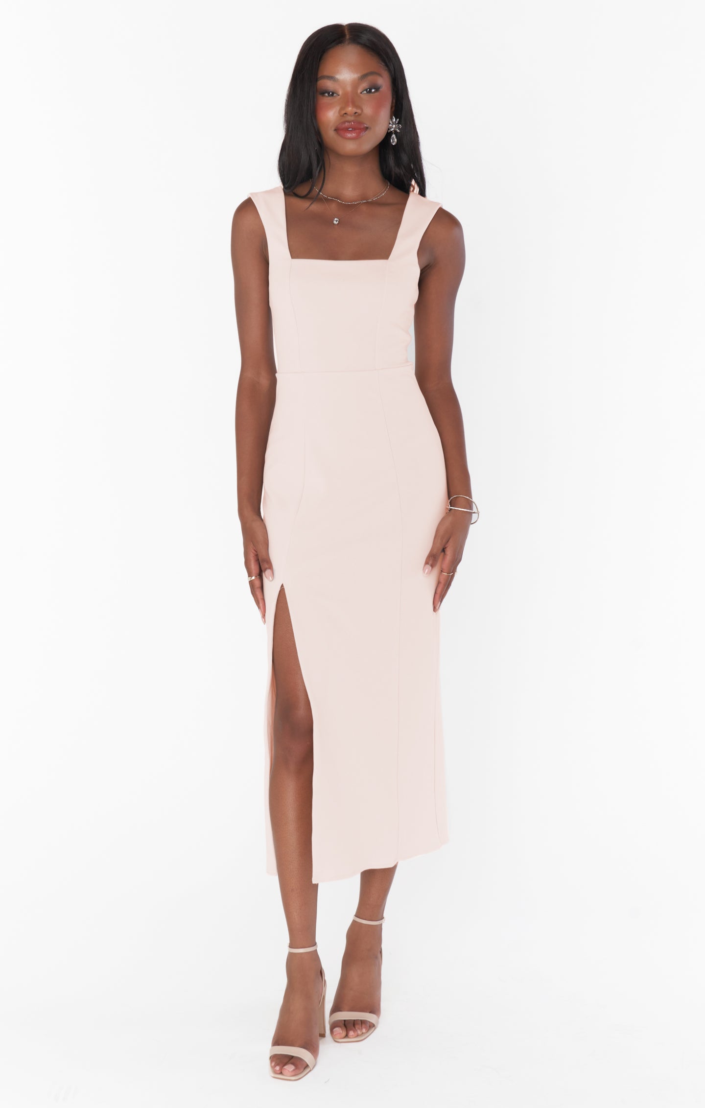 Dusty Blush Stretch Midi Dress with Side Slit