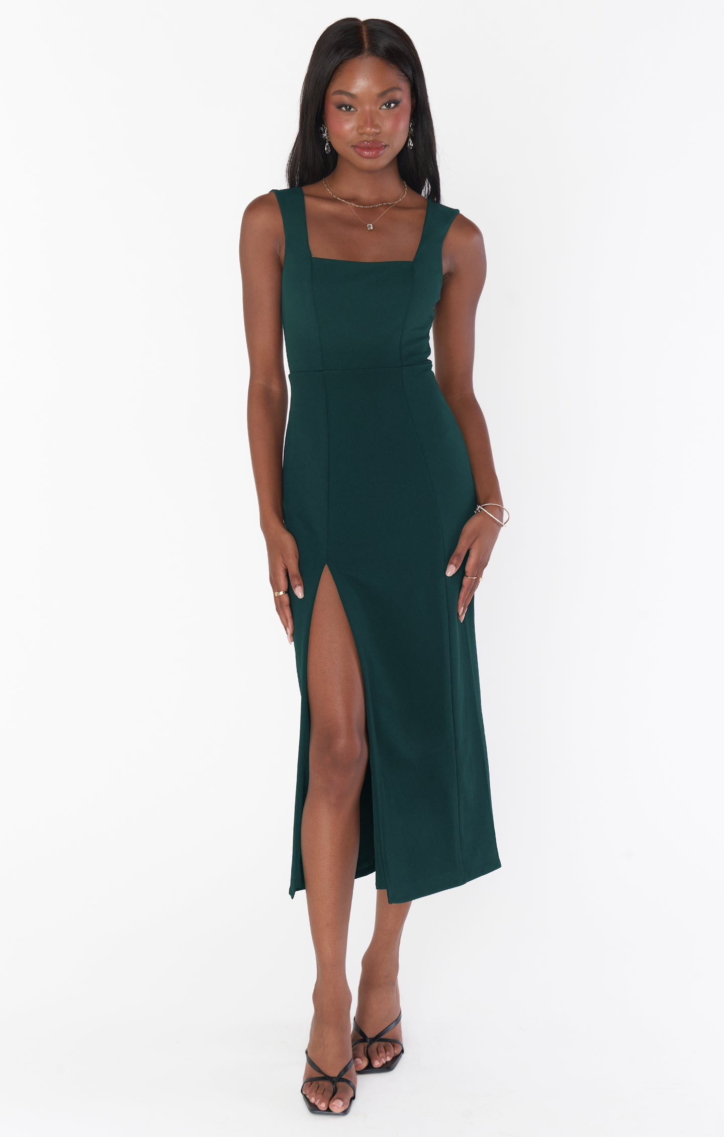 Emerald Stretch Midi Dress with Square Neck & Side Slit