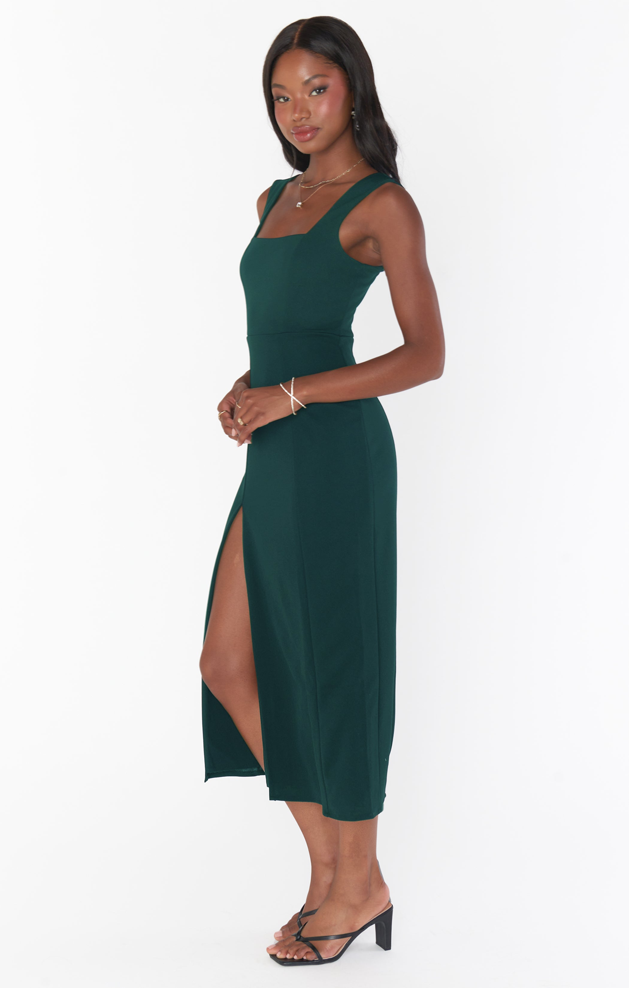 Emerald Stretch Midi Dress with Square Neck & Side Slit