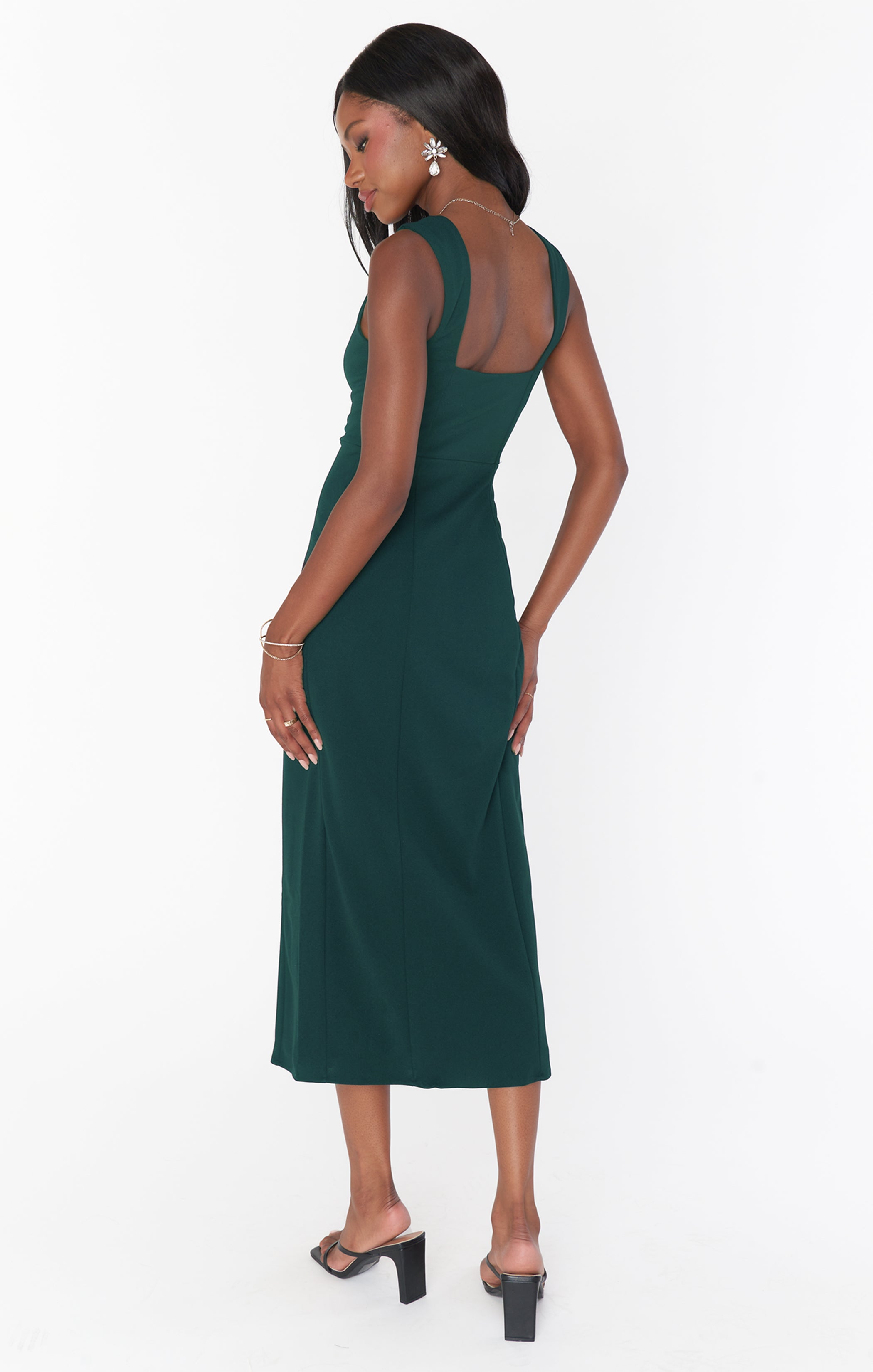 Emerald Stretch Midi Dress with Square Neck & Side Slit