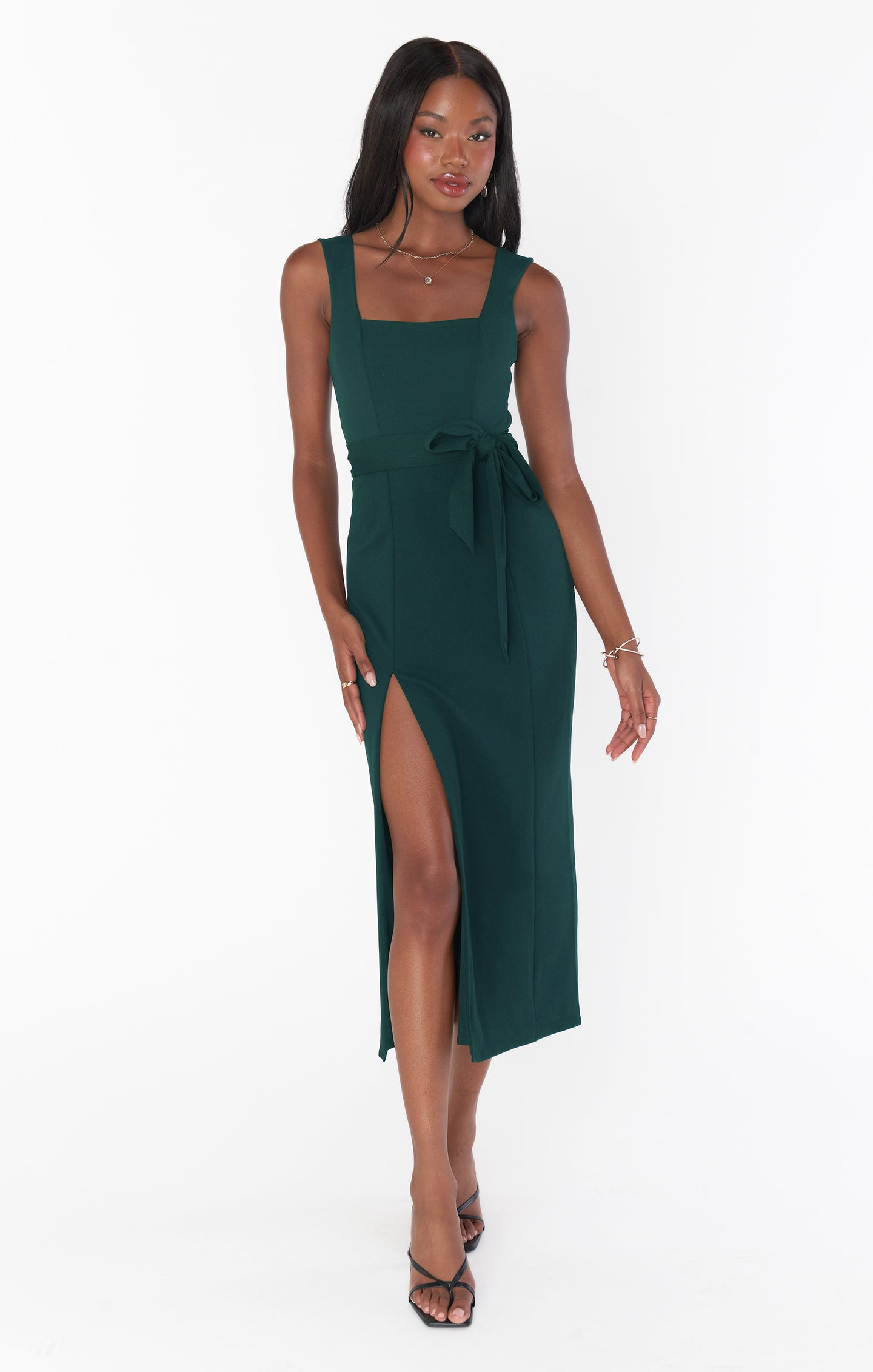 Emerald Stretch Midi Dress with Square Neck & Side Slit