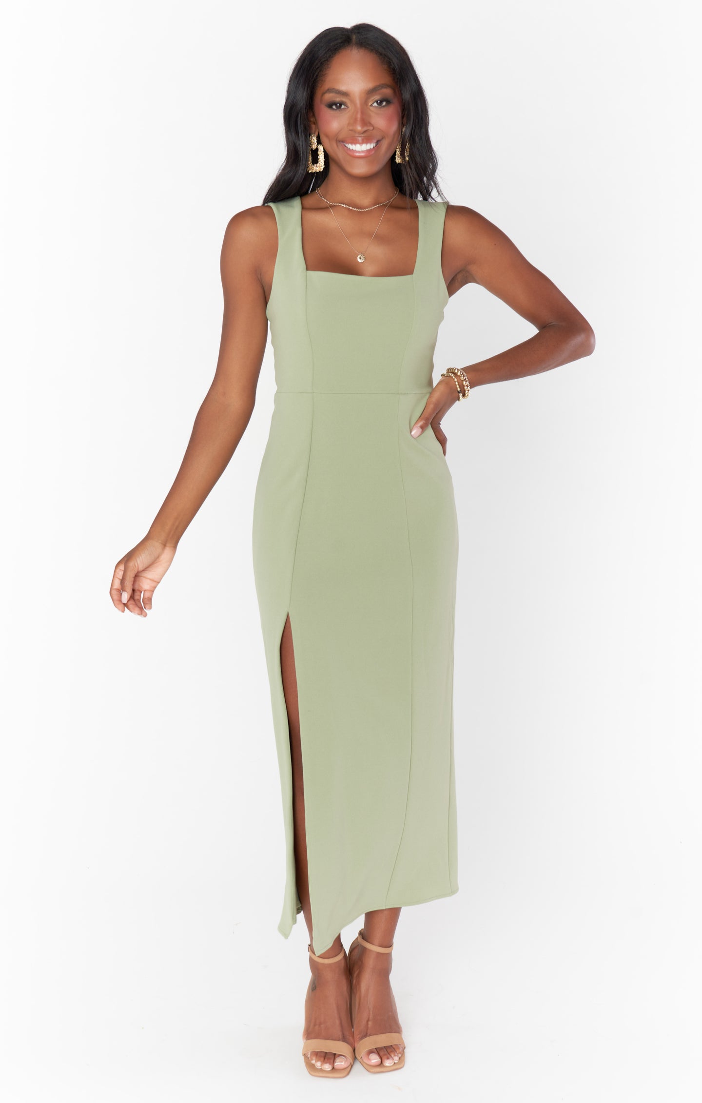 Moss Green Stretch Midi Dress with Side Slit & Square Neck