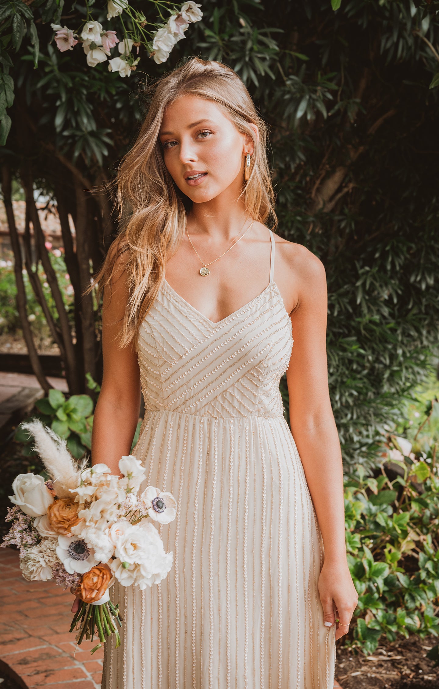 Champagne Beaded Gala Gown with V-Neck & Low Back