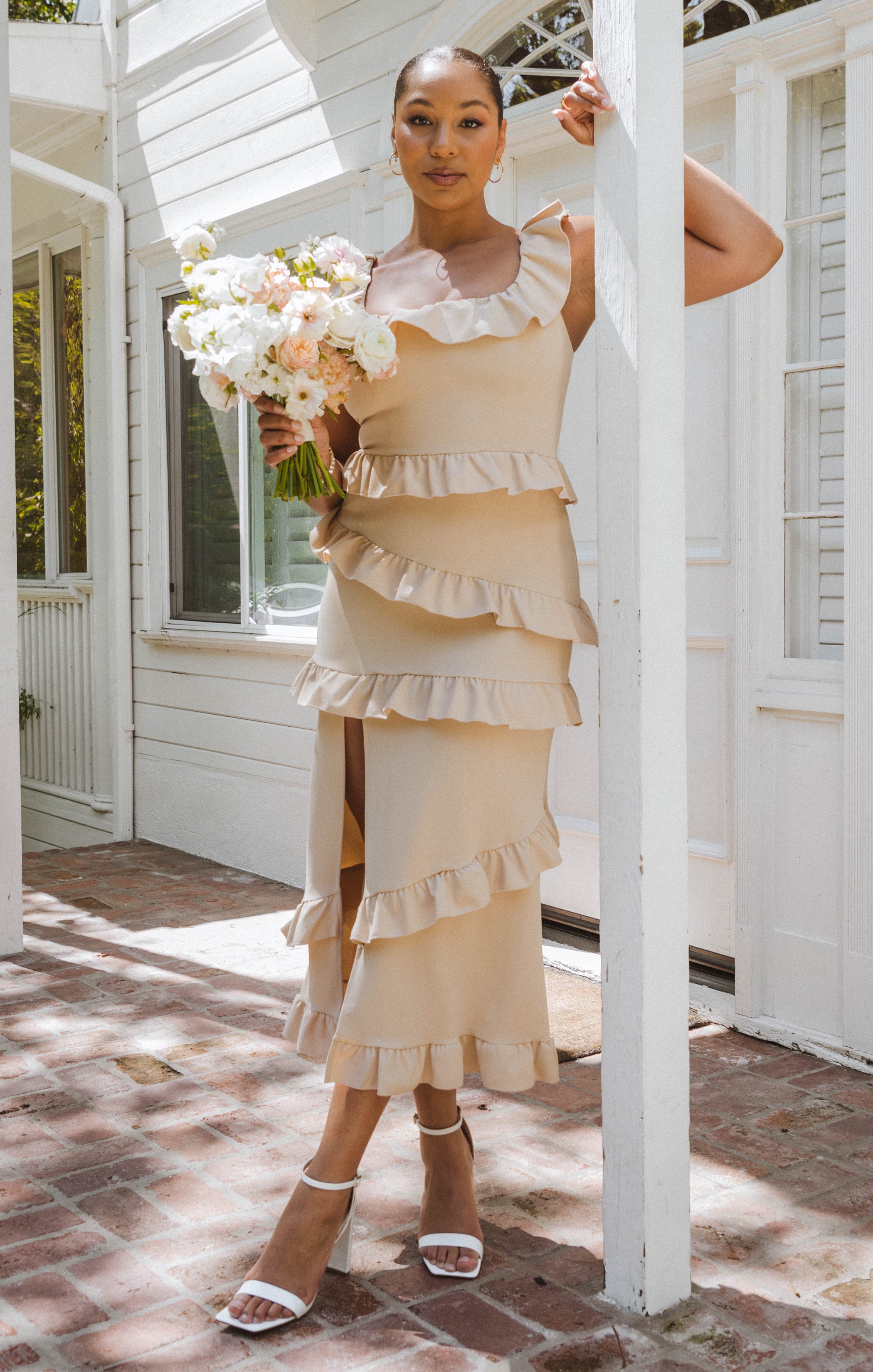 Champagne Greta Dress - Stretch Midi with Square Neck & Slit