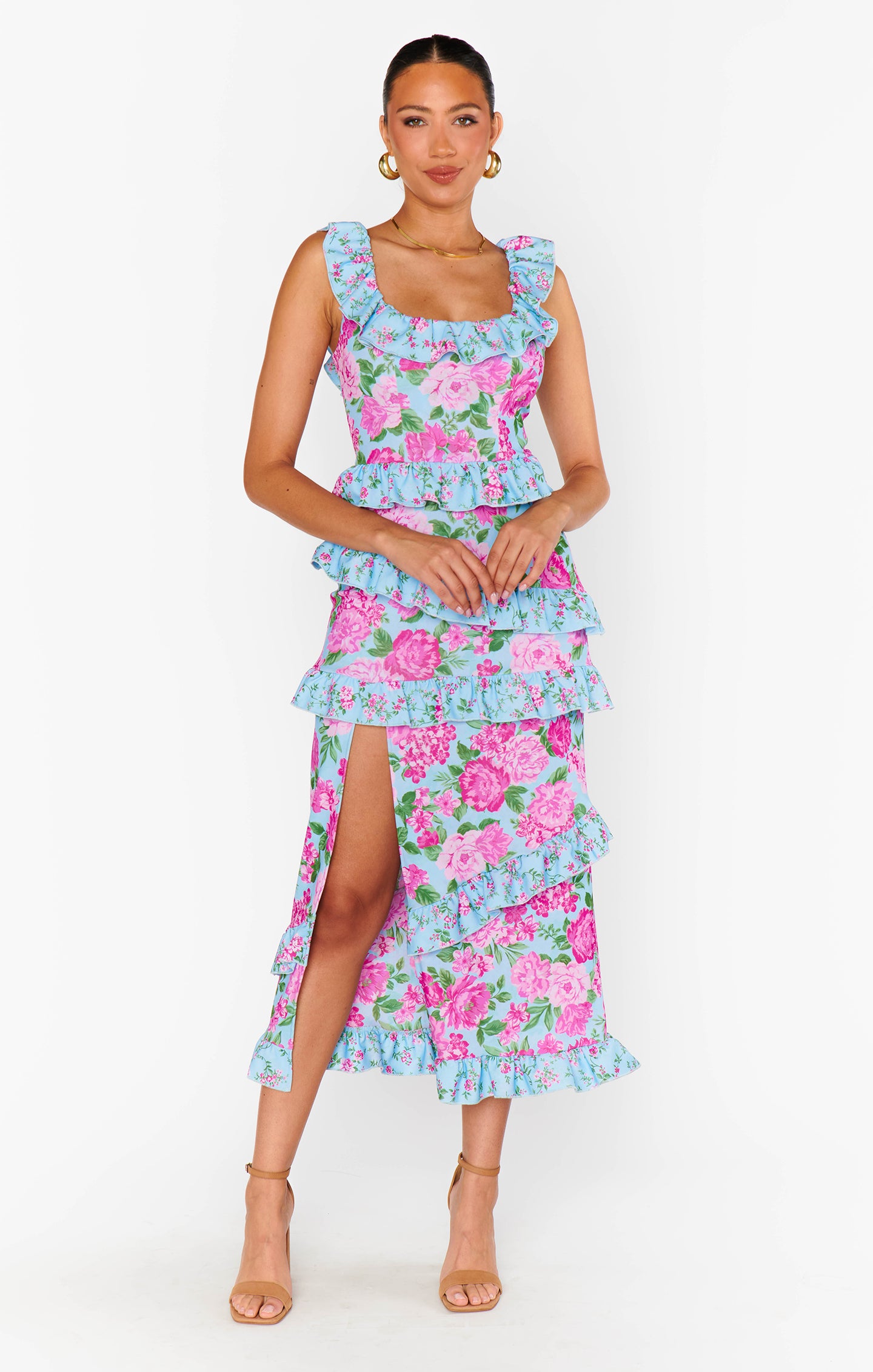 Greta Floral Midi Dress with Square Neckline & Slit