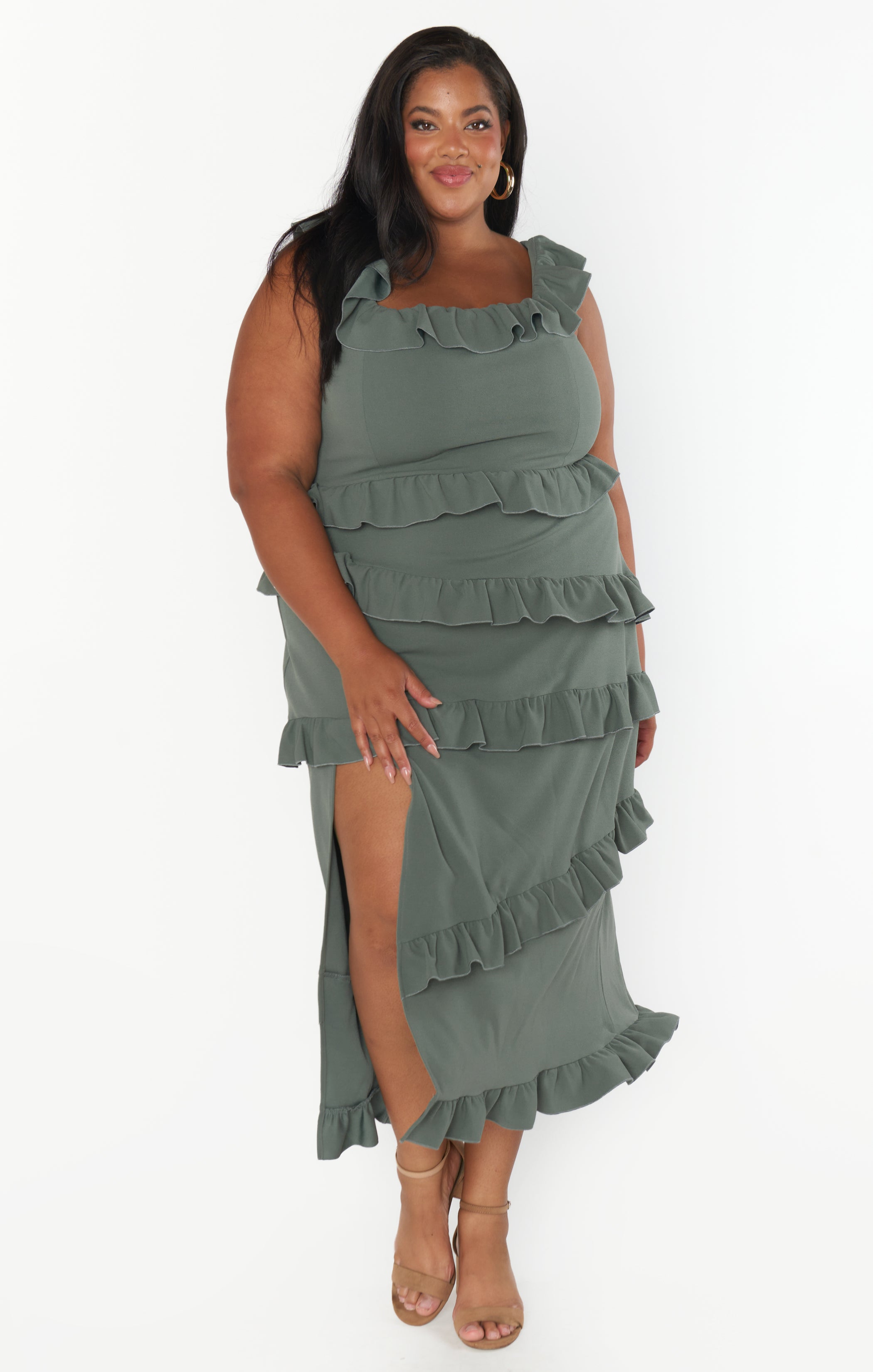 Greta Deep Sage Ruffled Midi Dress with Slit