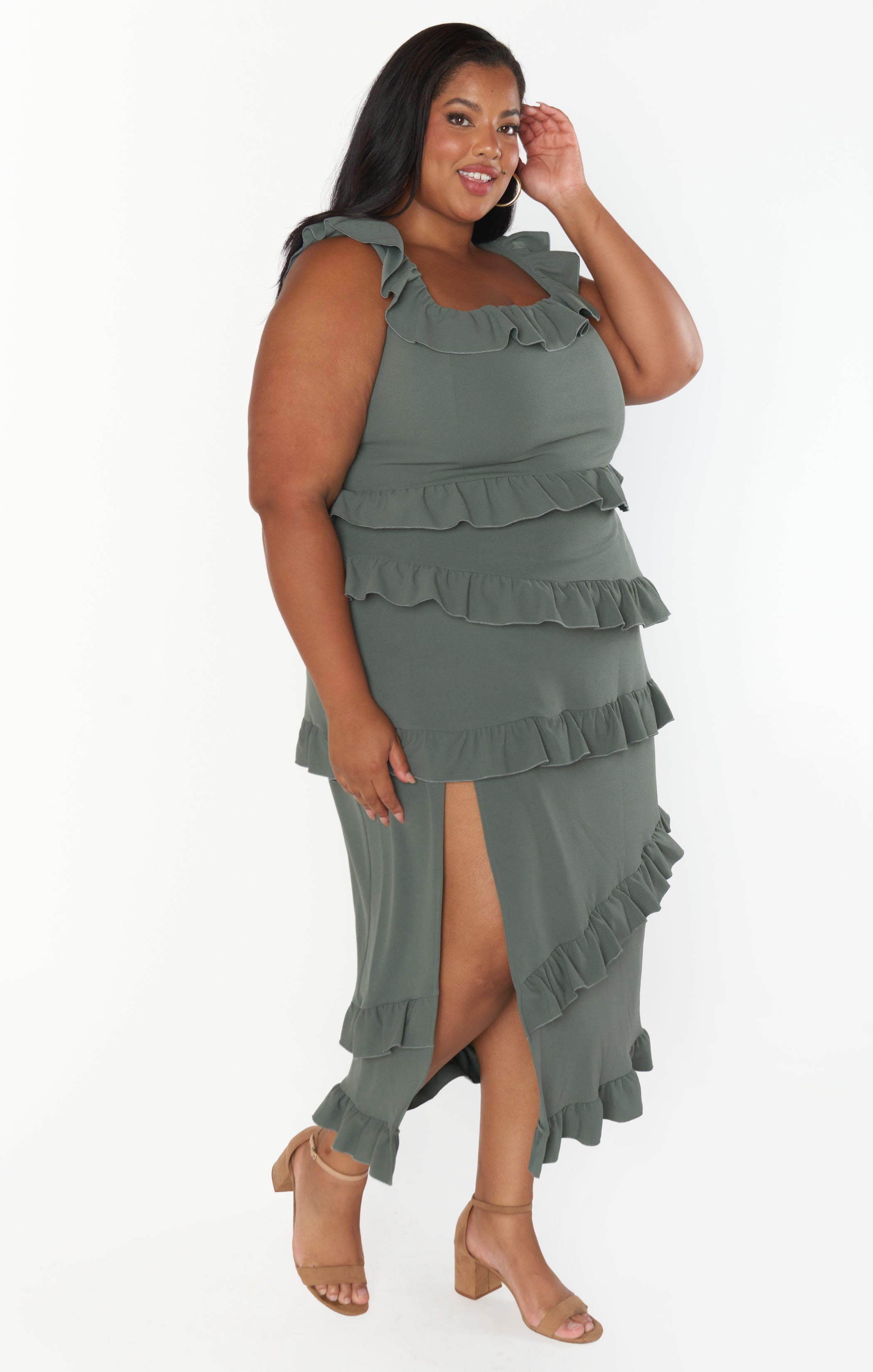 Greta Deep Sage Ruffled Midi Dress with Slit