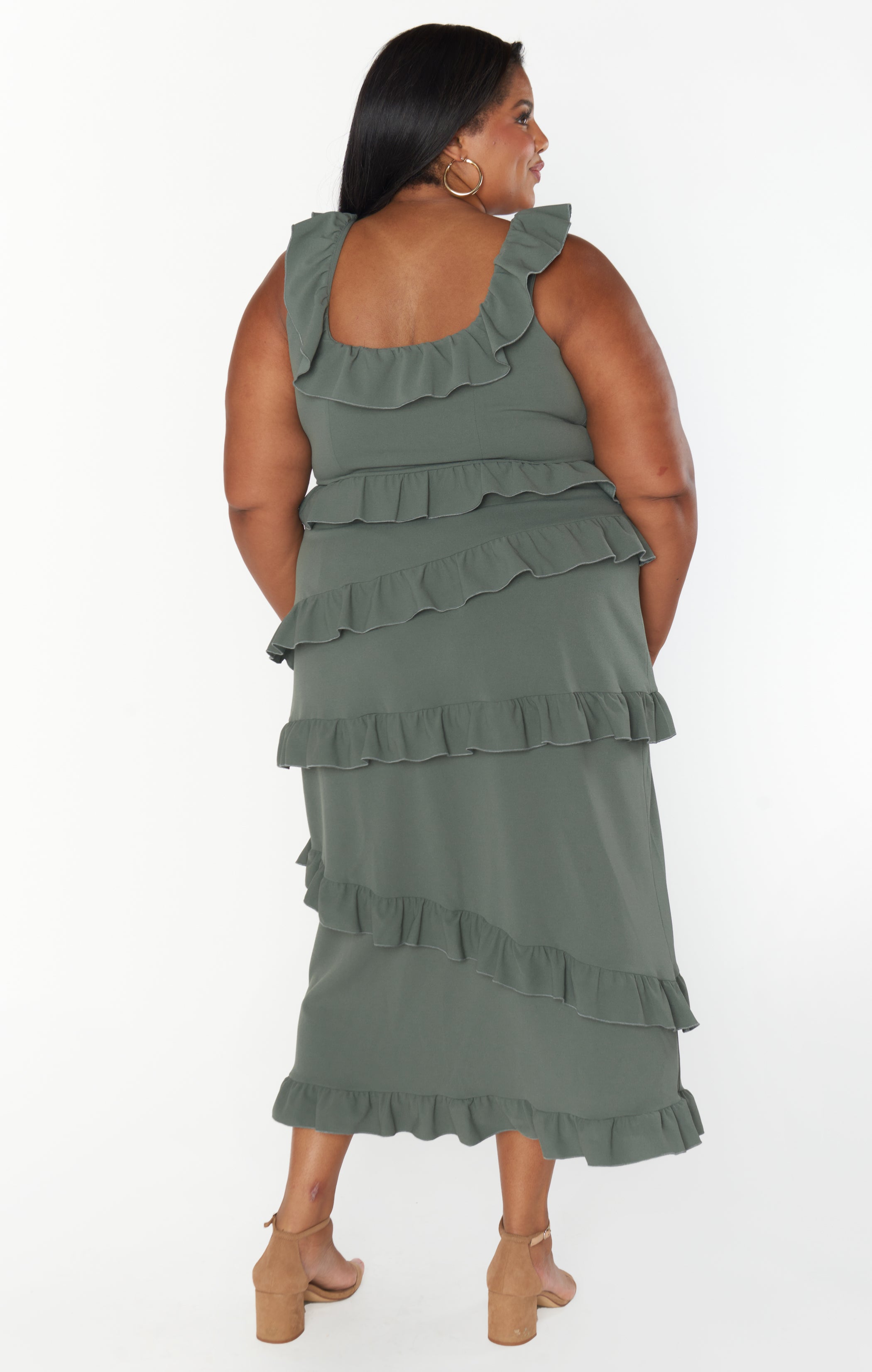 Greta Deep Sage Ruffled Midi Dress with Slit