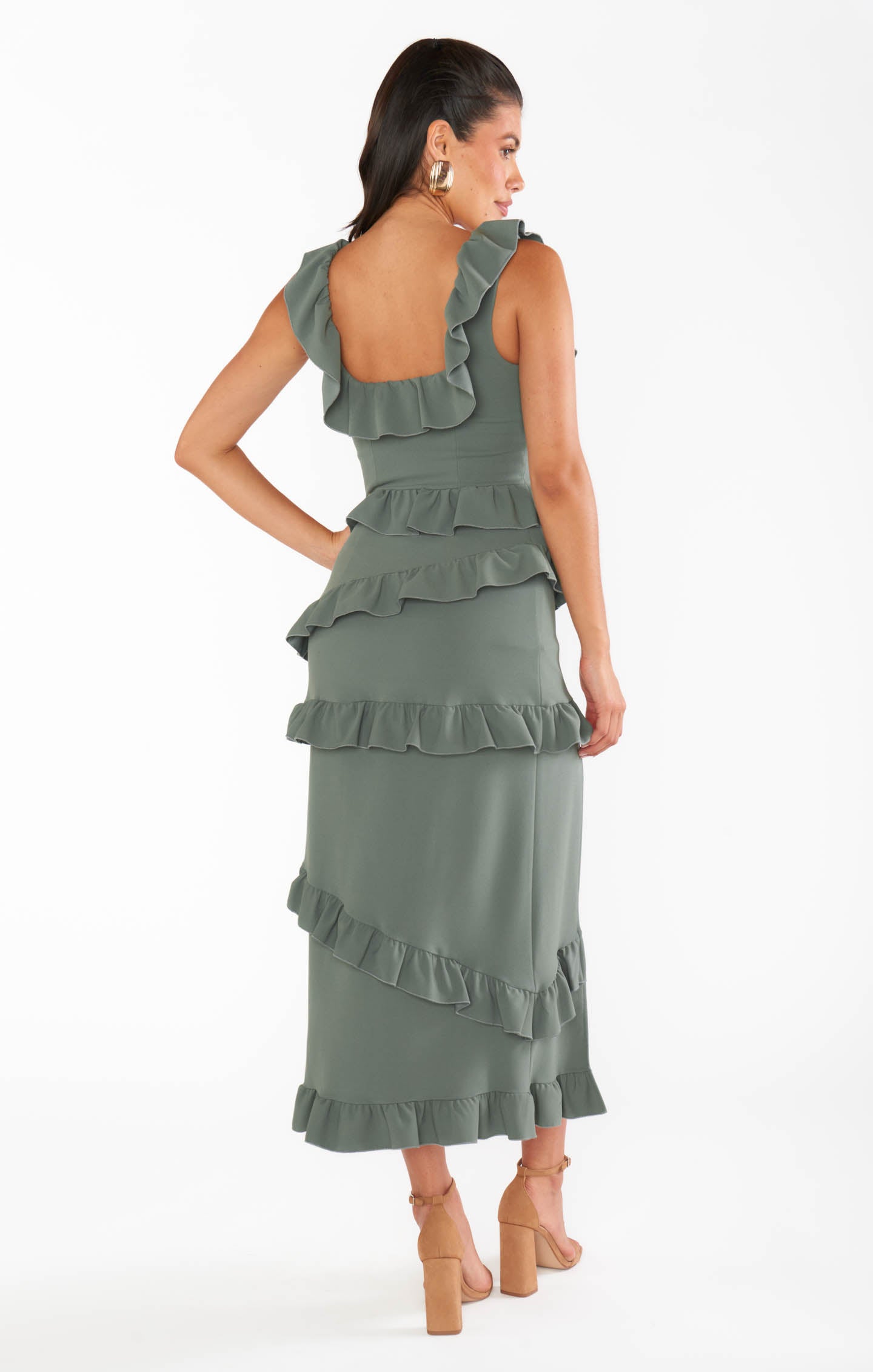 Greta Deep Sage Ruffled Midi Dress with Slit