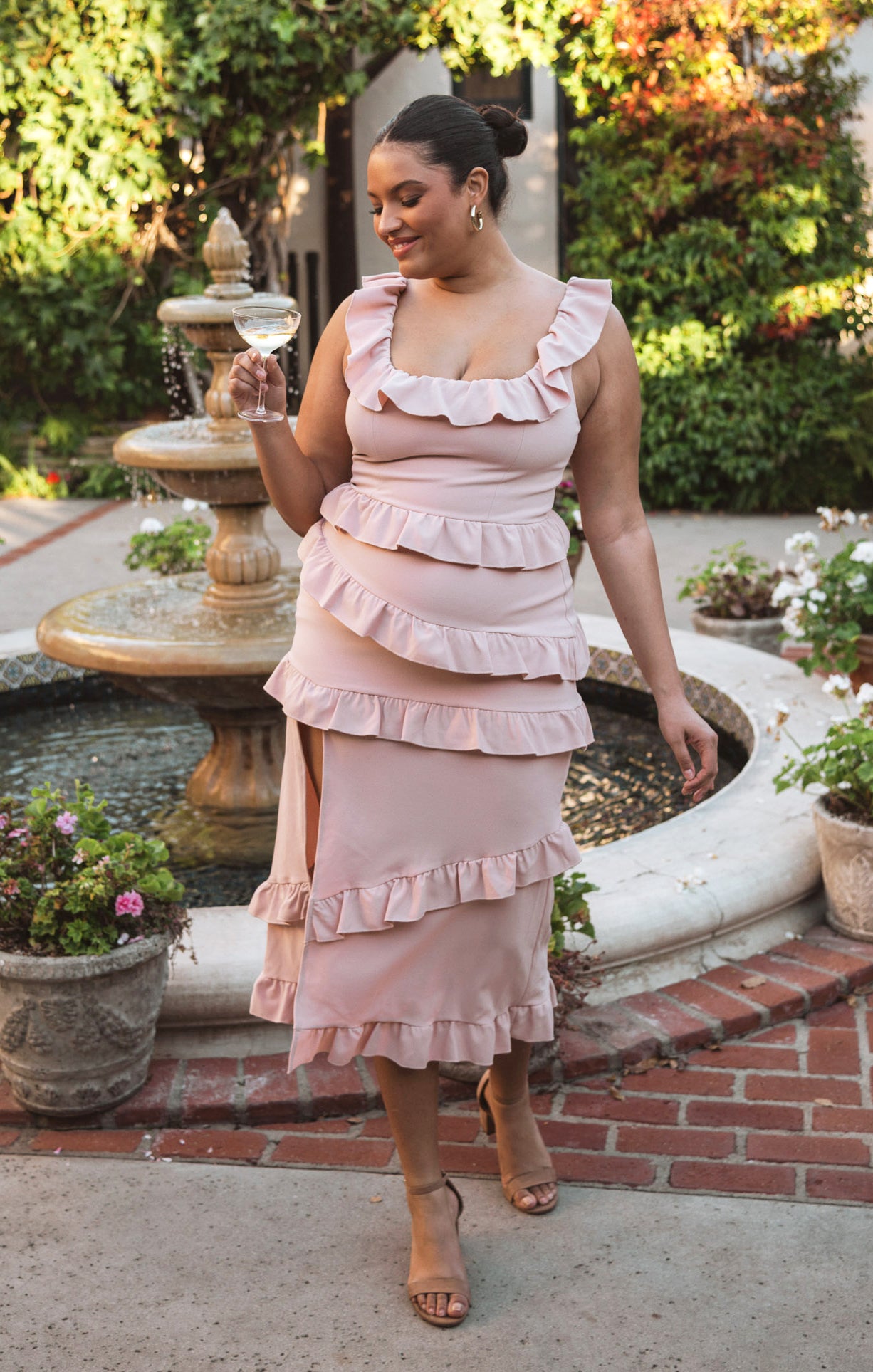 Greta Ruffled Midi Dress with Slit - Dusty Blush Stretch
