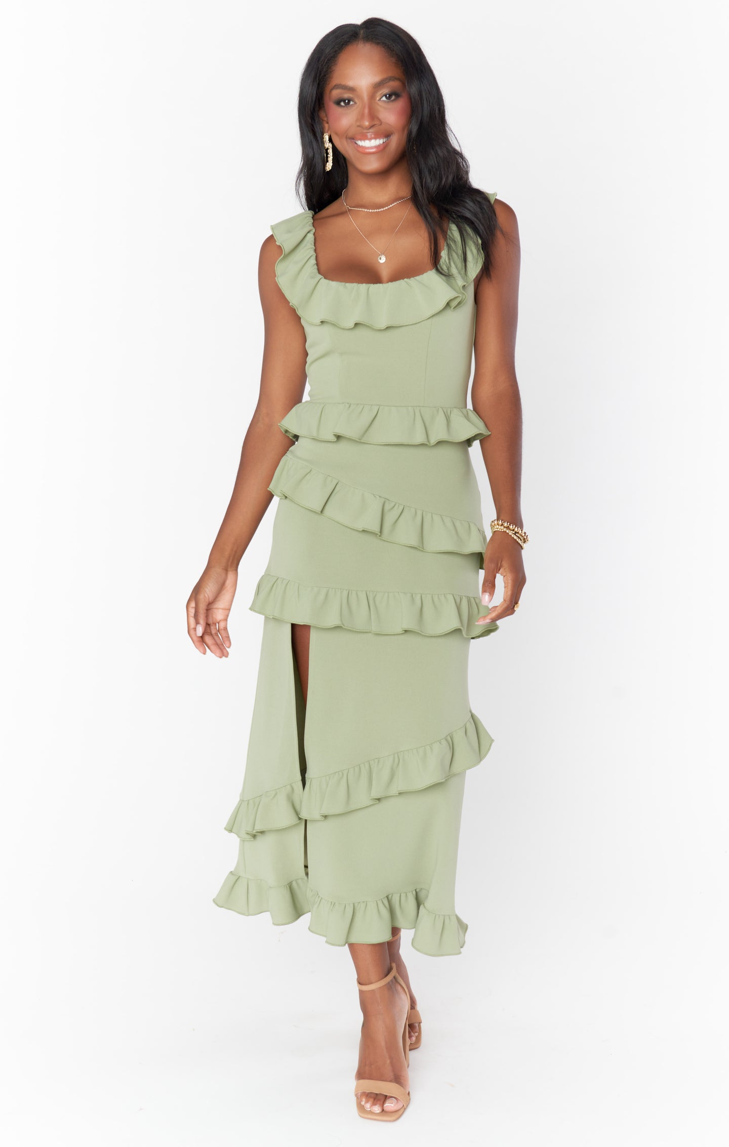 Greta Ruffled Midi Dress with Slit - Moss Green Stretch