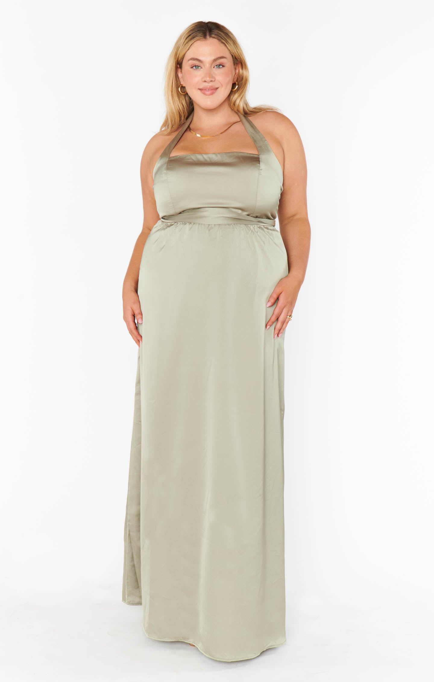 Hazel Halter Maxi Dress in Moss Green Satin for Weddings