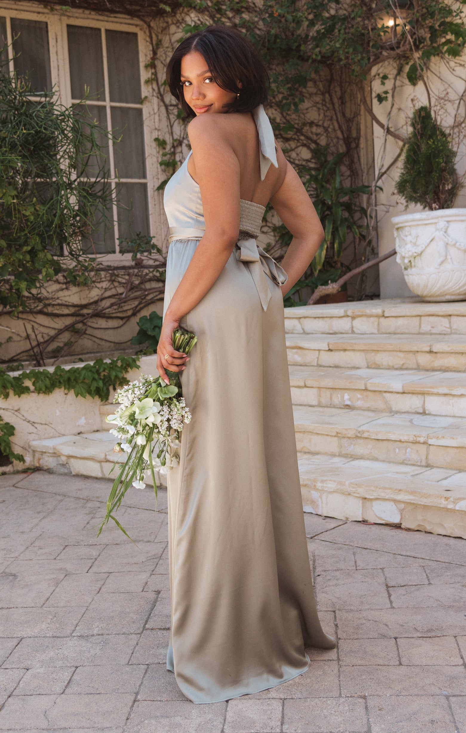 Hazel Halter Maxi Dress in Moss Green Satin for Weddings