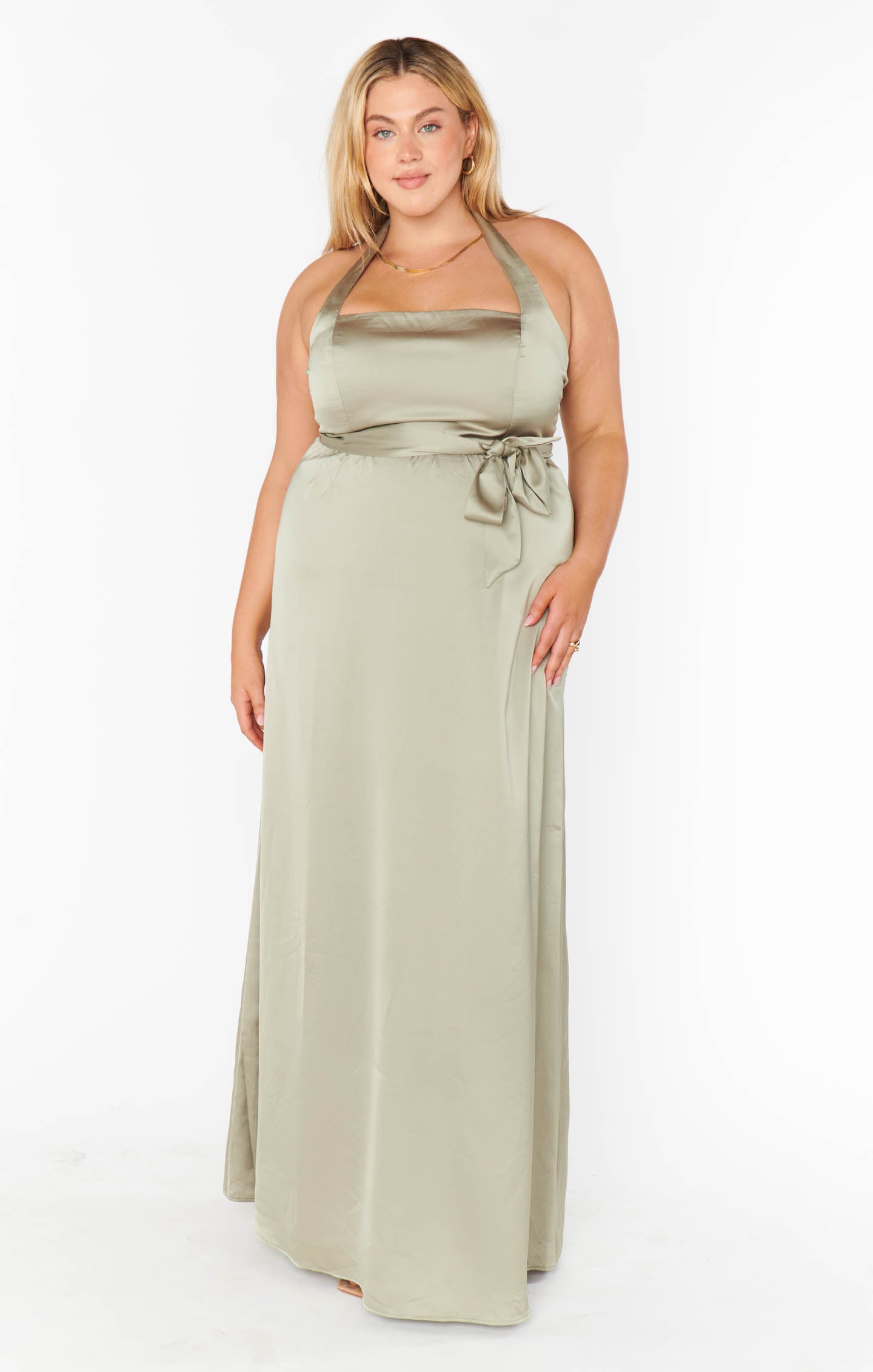 Hazel Halter Maxi Dress in Moss Green Satin for Weddings