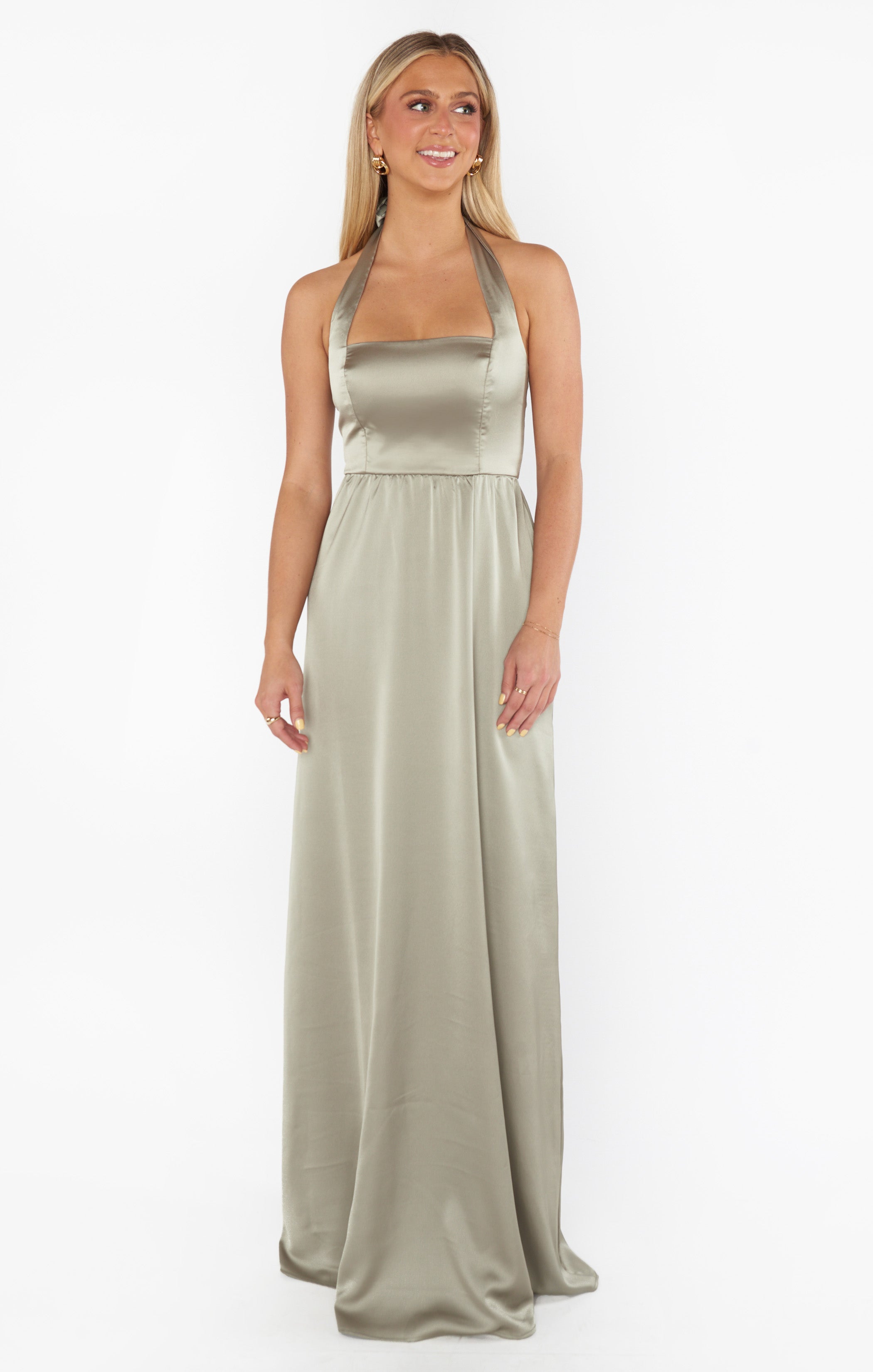 Hazel Halter Maxi Dress in Moss Green Satin for Weddings