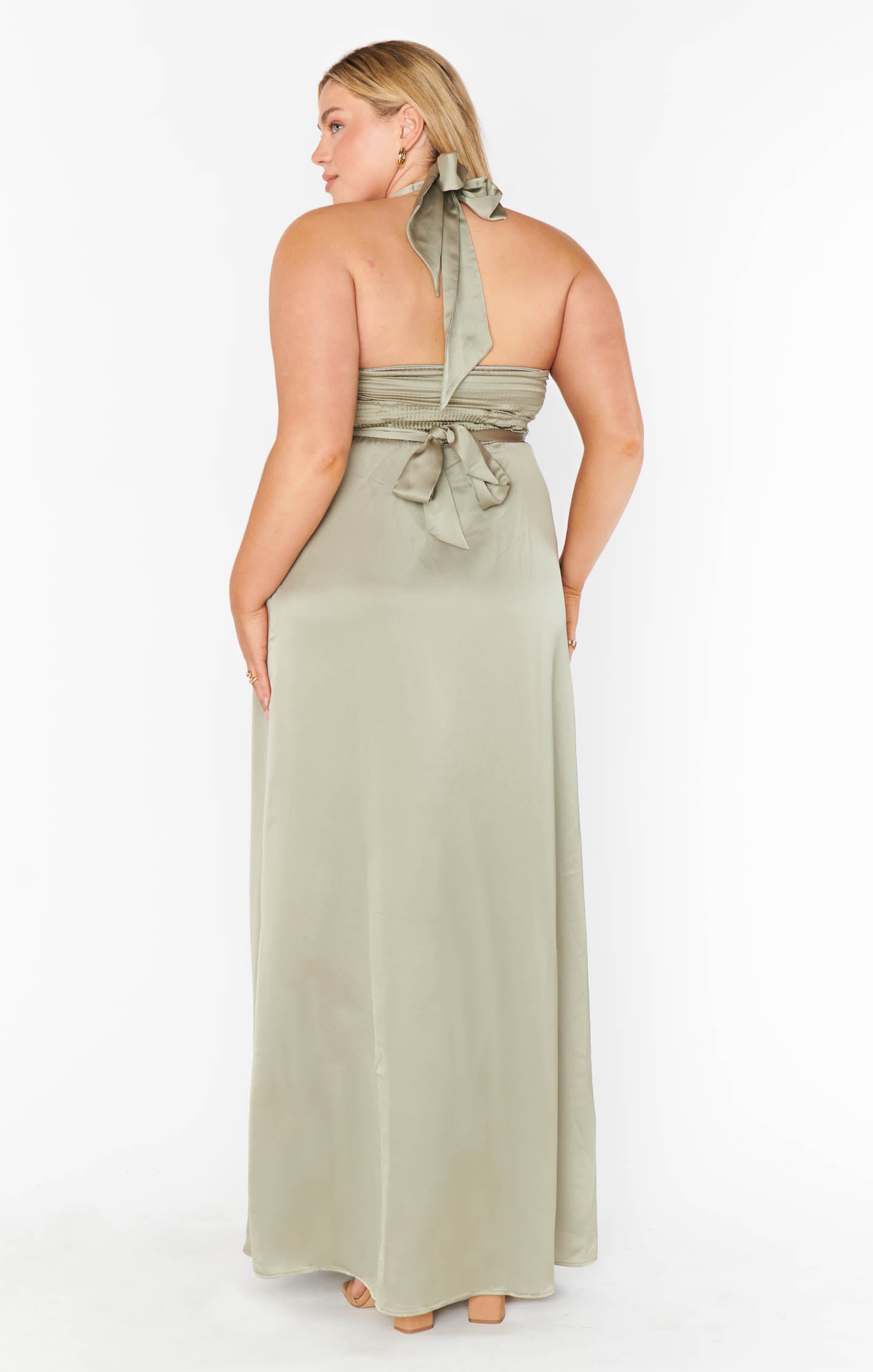 Hazel Halter Maxi Dress in Moss Green Satin for Weddings