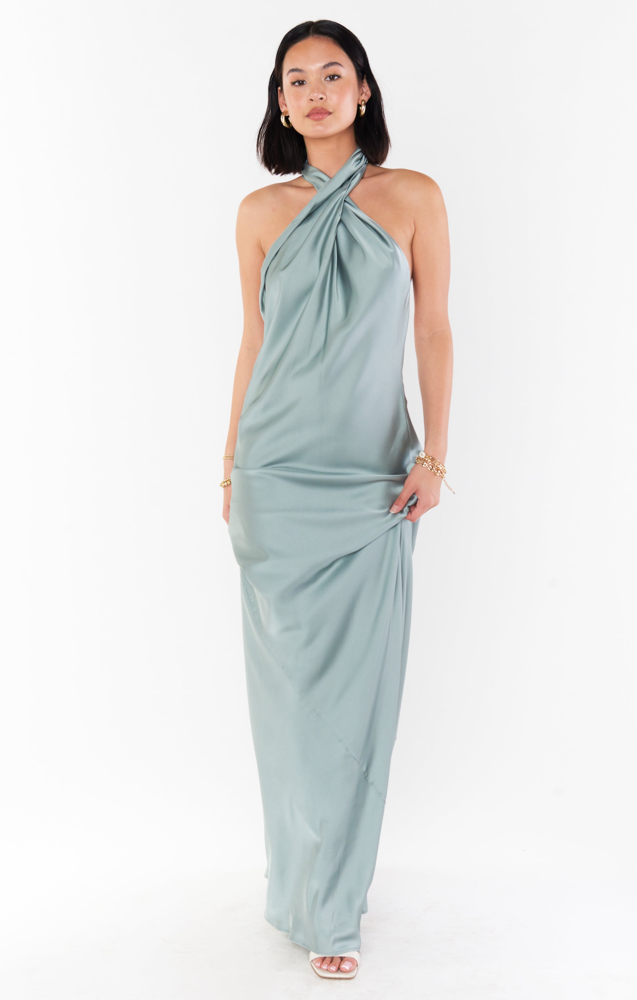 Jasmine Halter Maxi Dress in Silver Sage Satin for Special Occasions