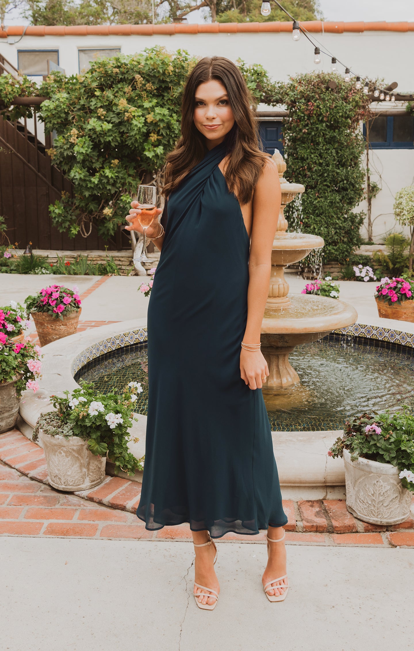 Emerald Chiffon Halter Midi Dress with Open Back