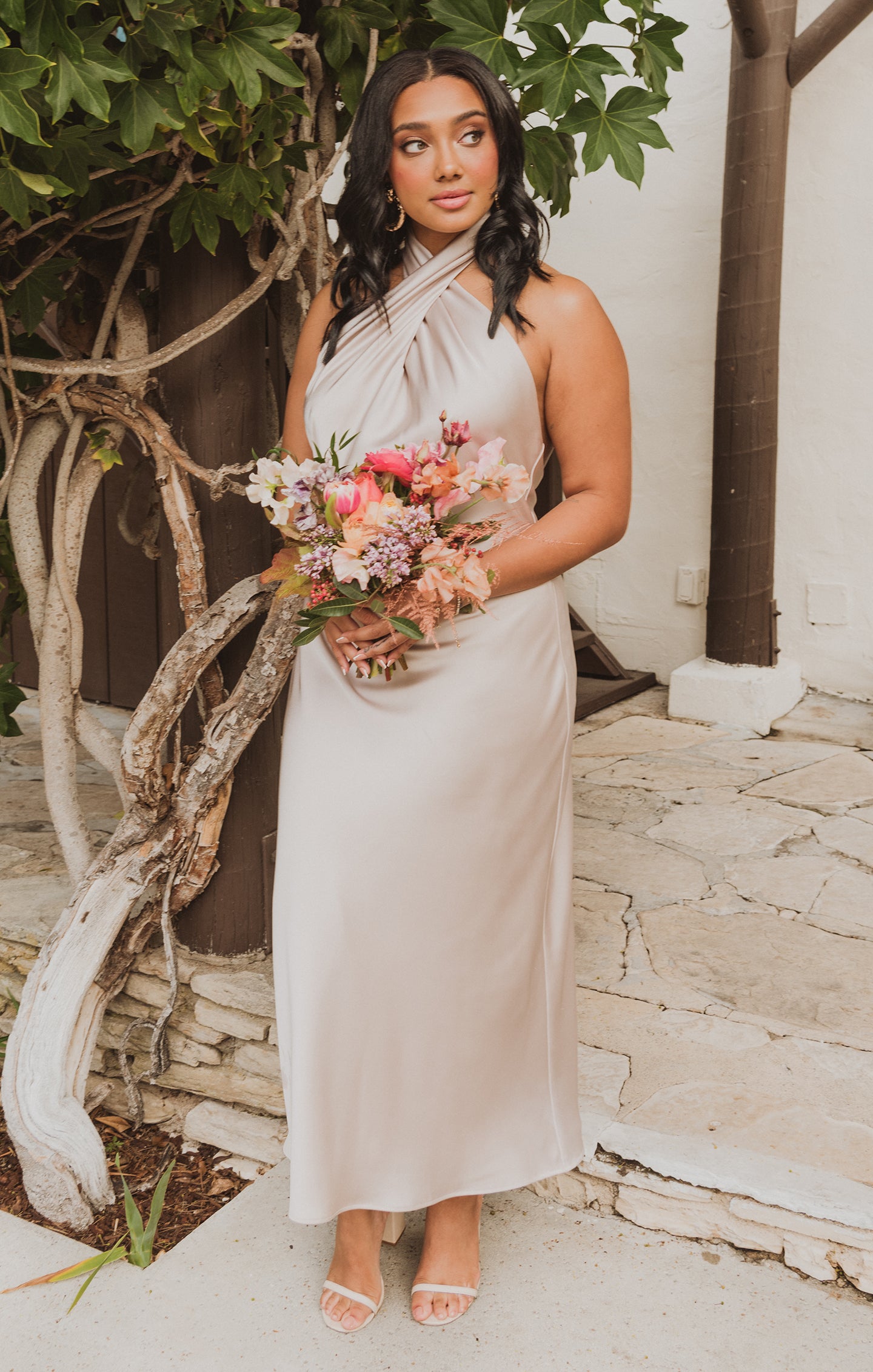 Jasmine Halter Midi Dress - Luxe Satin Bridal Party Gown