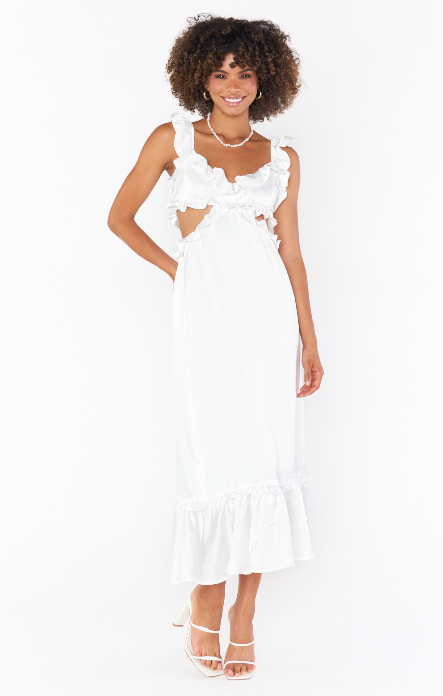Ivory Satin Lane Midi Dress with Ruffled Straps & Cutouts