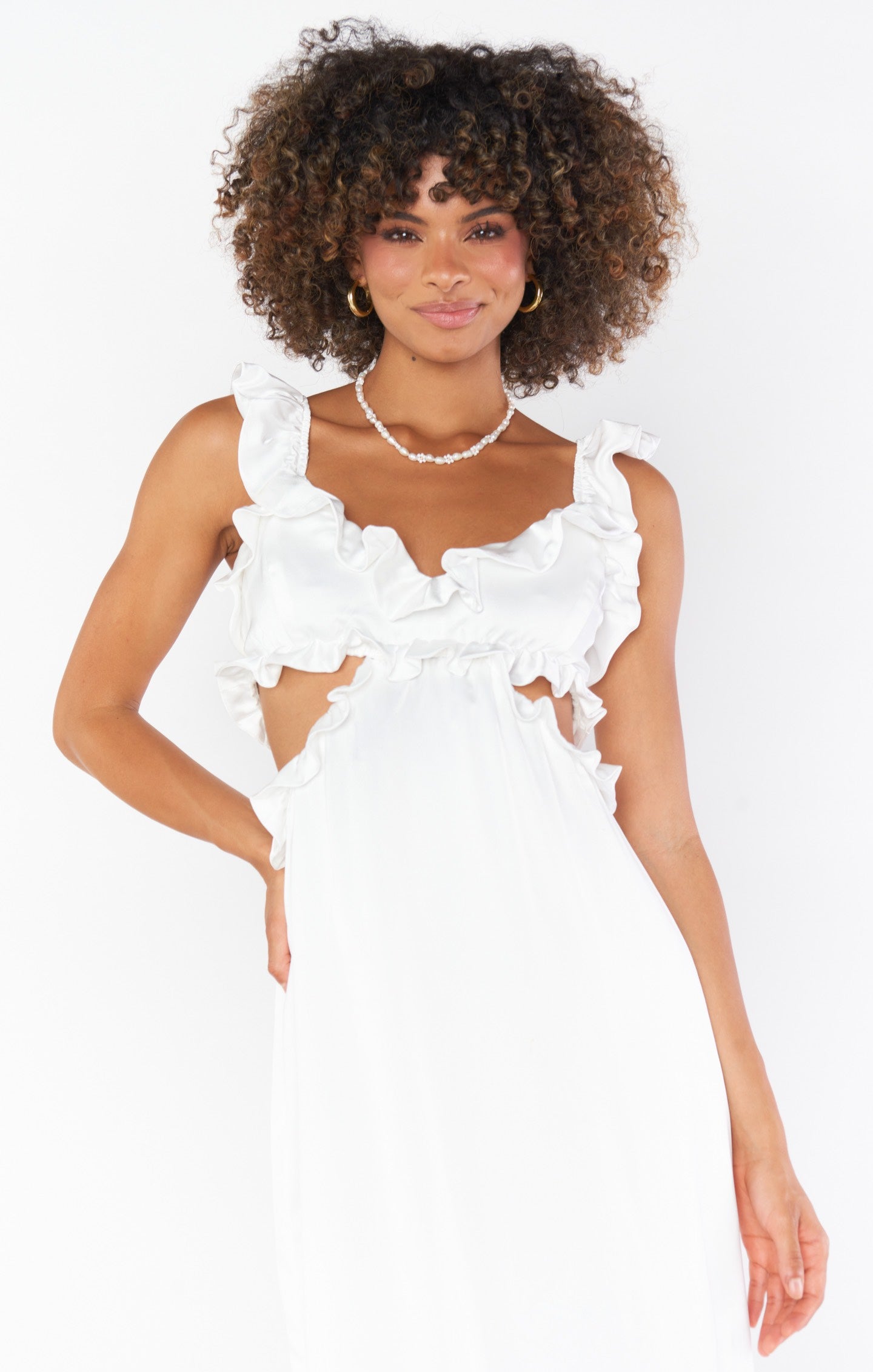 Ivory Satin Lane Midi Dress with Ruffled Straps & Cutouts