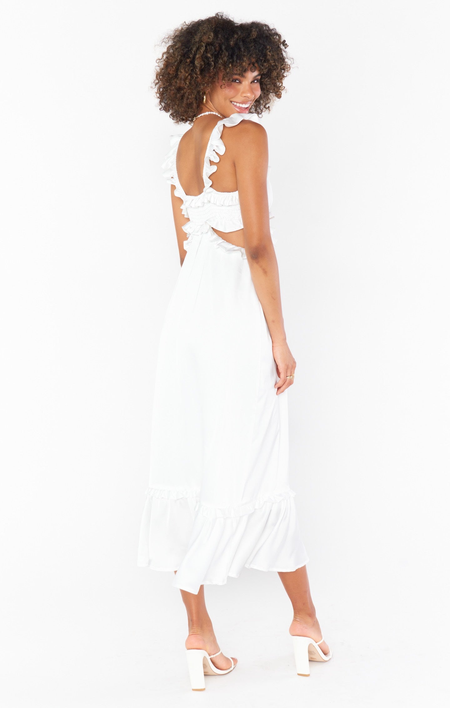 Ivory Satin Lane Midi Dress with Ruffled Straps & Cutouts