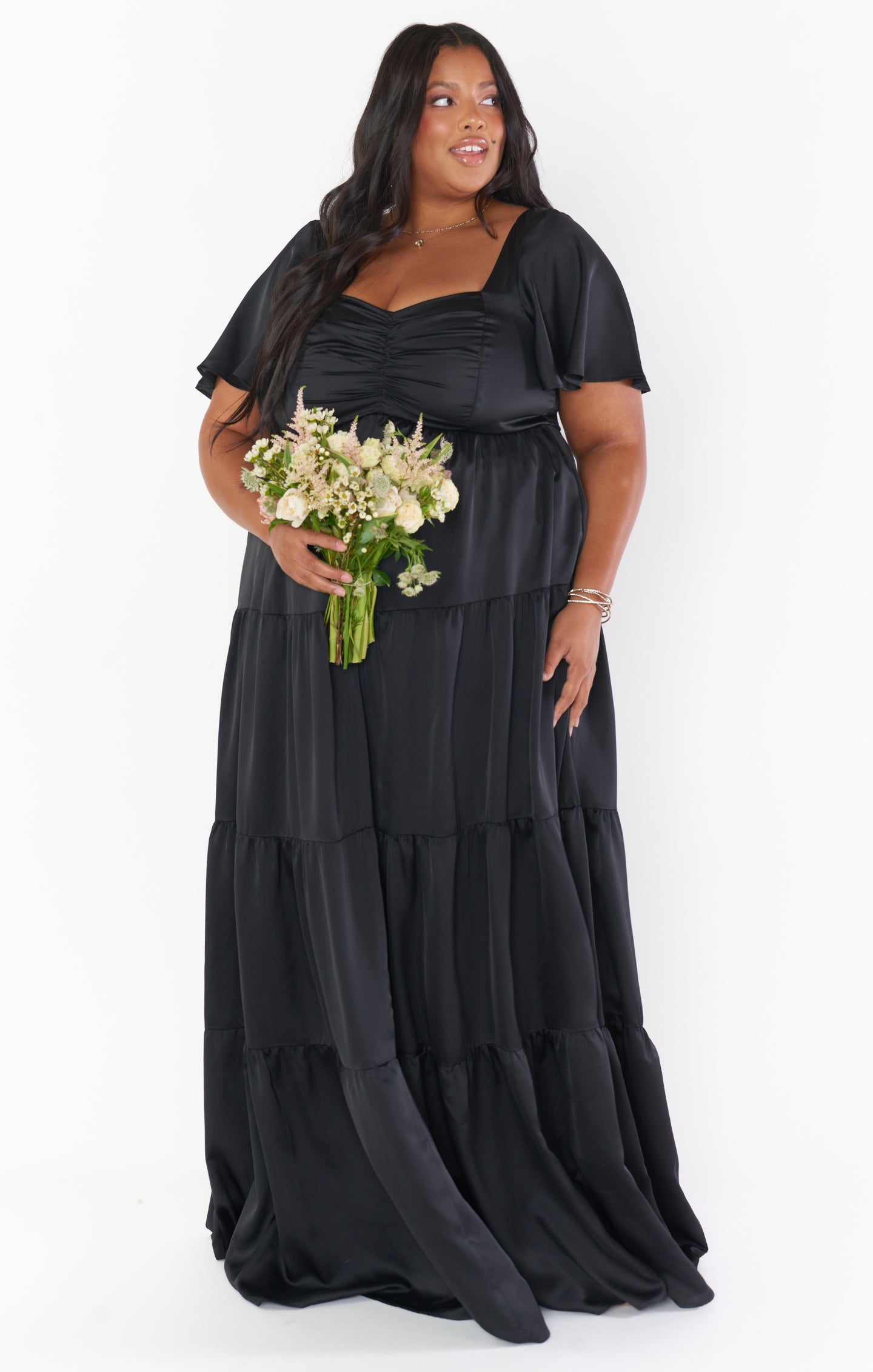 Nicole Black Satin Maxi Dress with Sweetheart Neckline & Flutter Sleeves