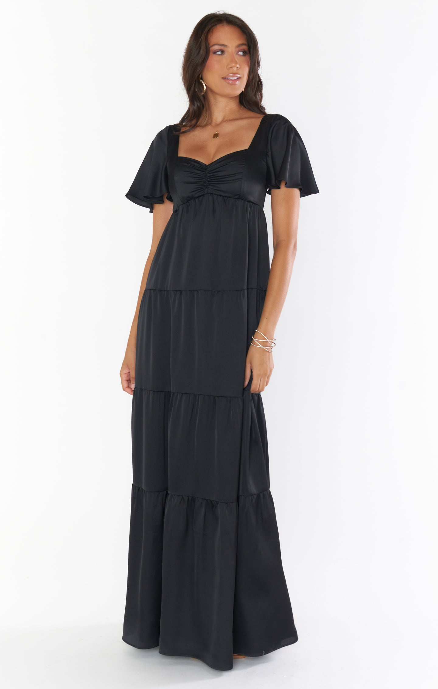 Nicole Black Satin Maxi Dress with Sweetheart Neckline & Flutter Sleeves
