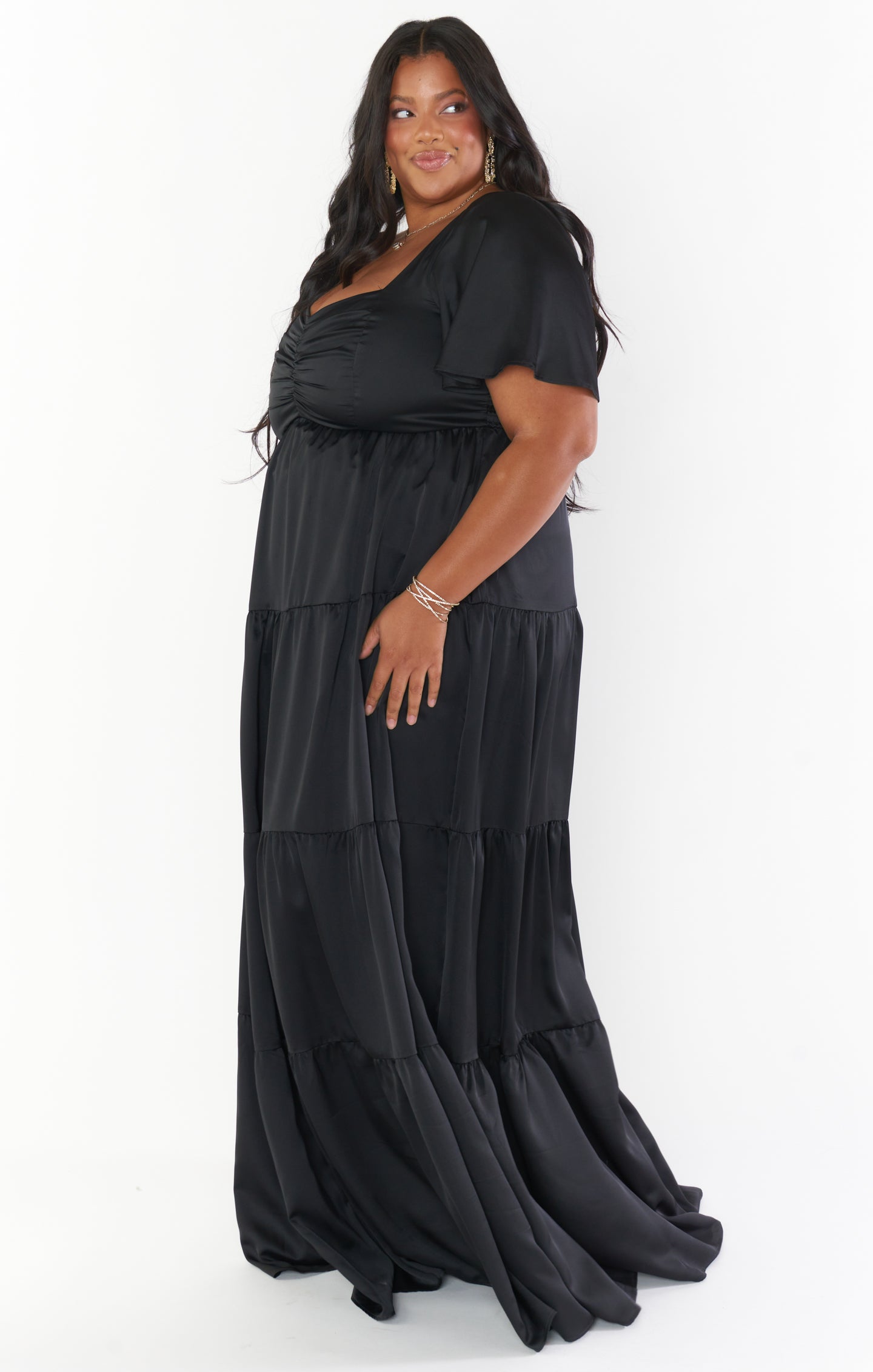 Nicole Black Satin Maxi Dress with Sweetheart Neckline & Flutter Sleeves