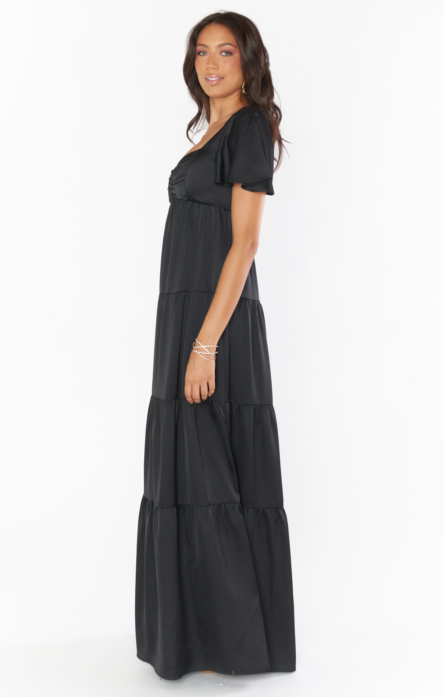 Nicole Black Satin Maxi Dress with Sweetheart Neckline & Flutter Sleeves