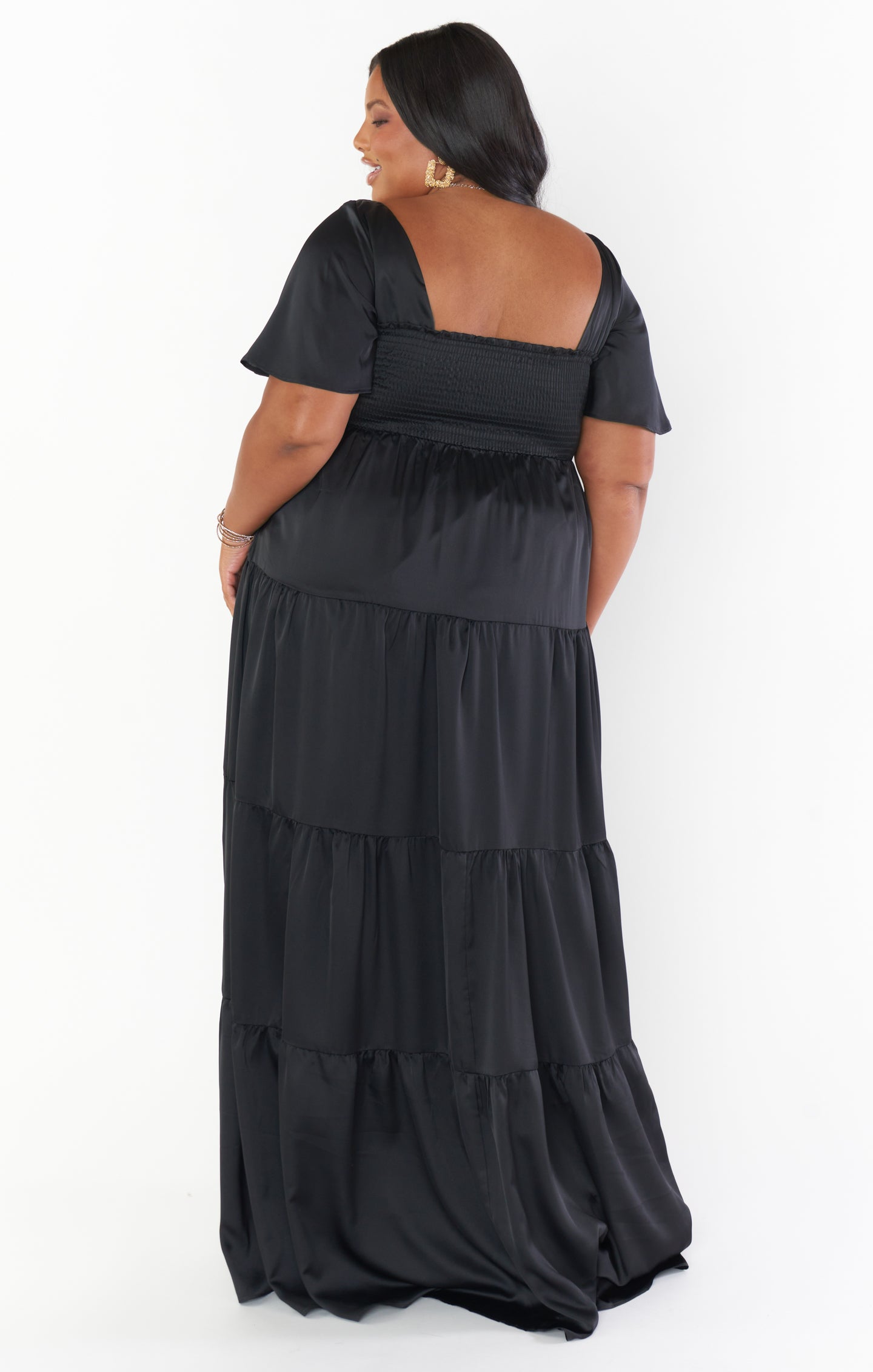 Nicole Black Satin Maxi Dress with Sweetheart Neckline & Flutter Sleeves