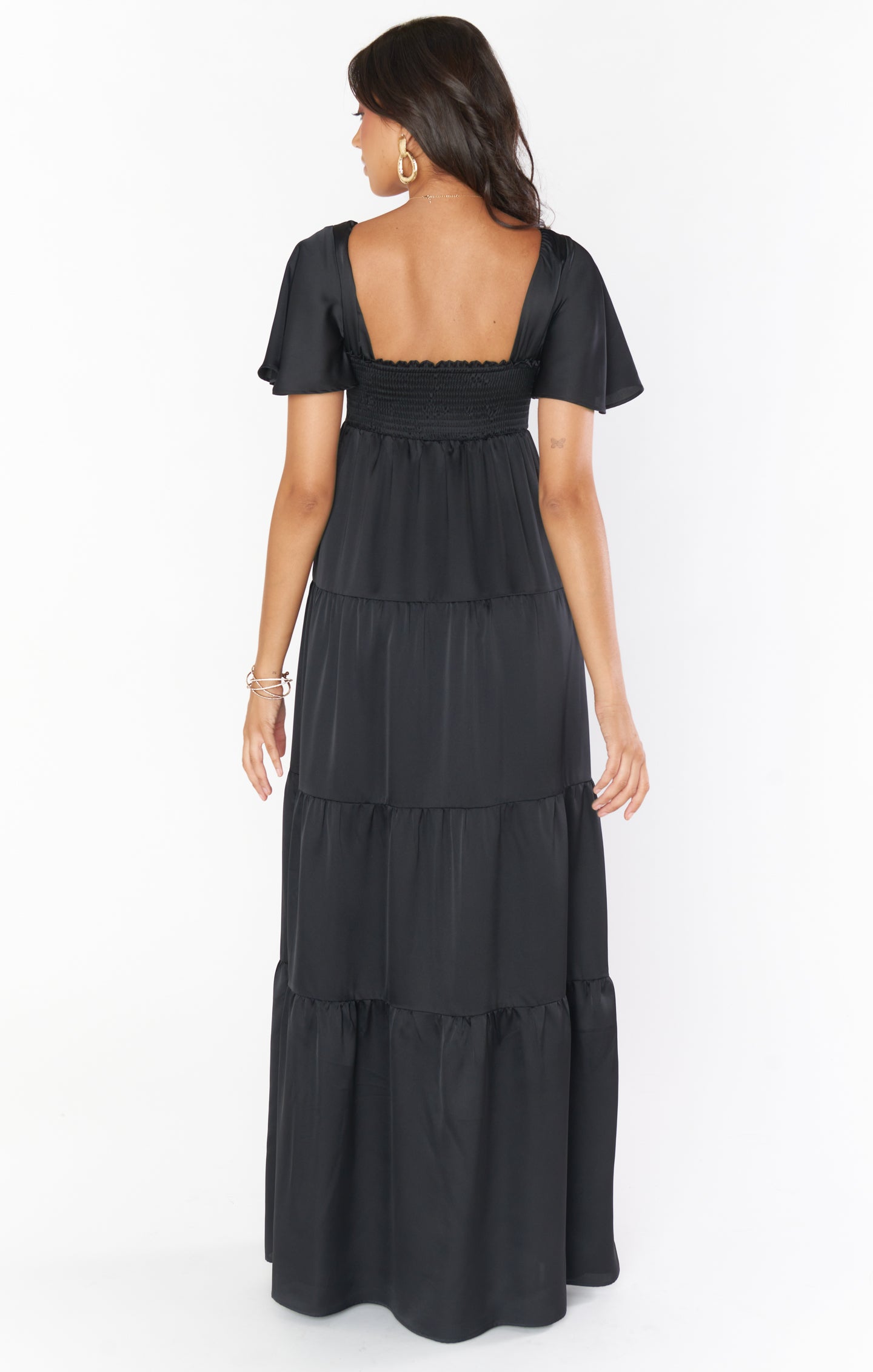 Nicole Black Satin Maxi Dress with Sweetheart Neckline & Flutter Sleeves
