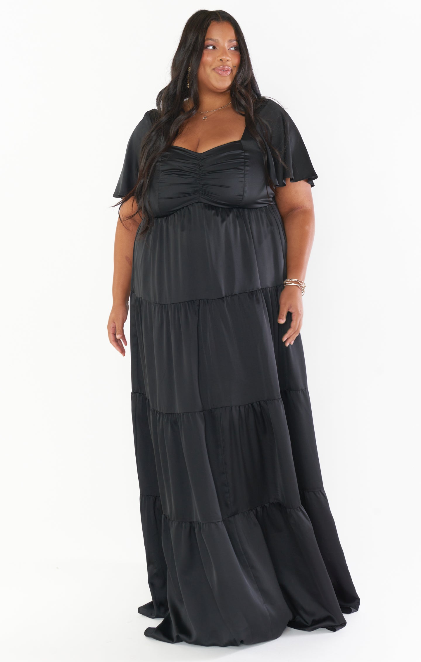 Nicole Black Satin Maxi Dress with Sweetheart Neckline & Flutter Sleeves