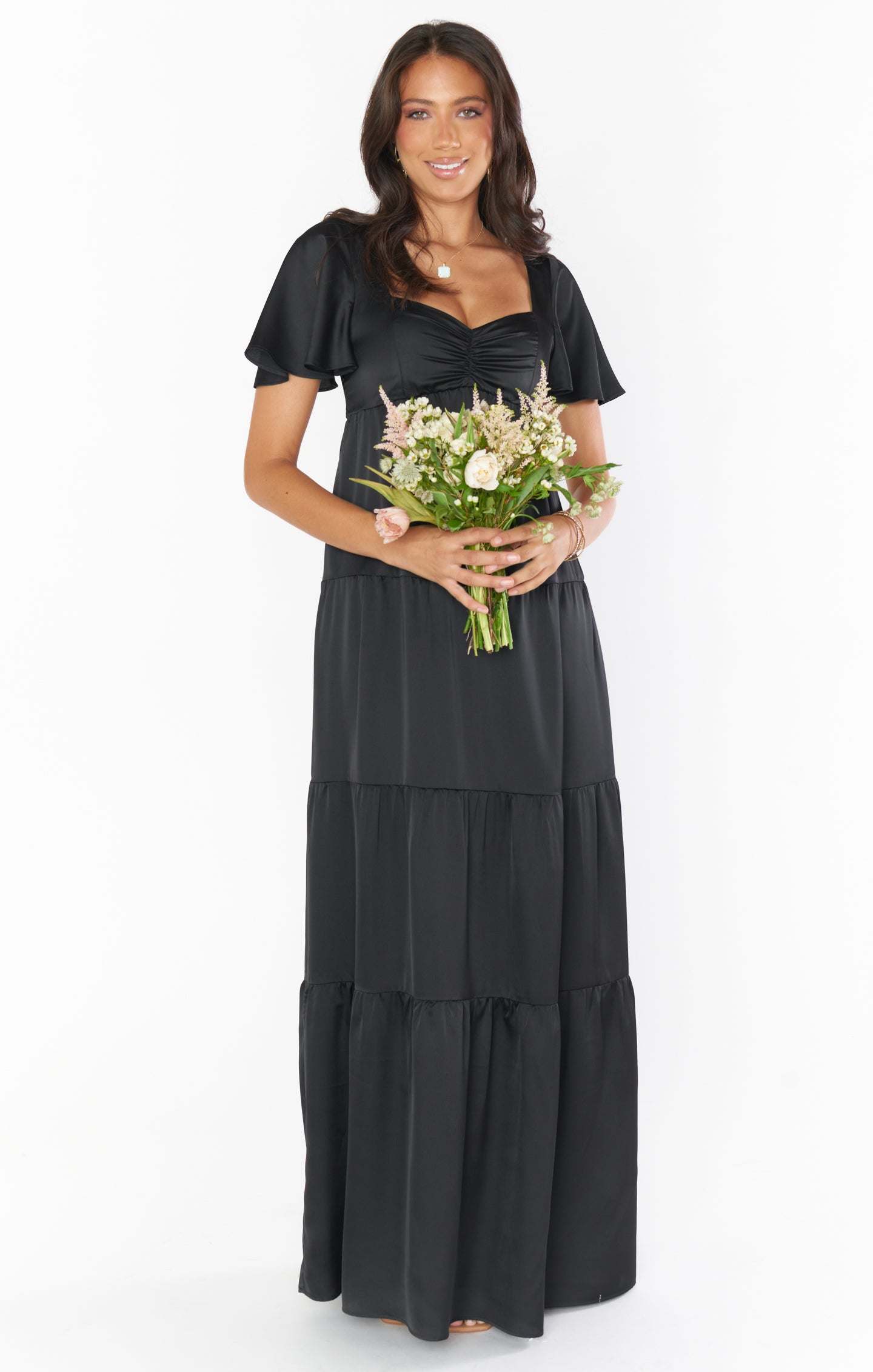Nicole Black Satin Maxi Dress with Sweetheart Neckline & Flutter Sleeves