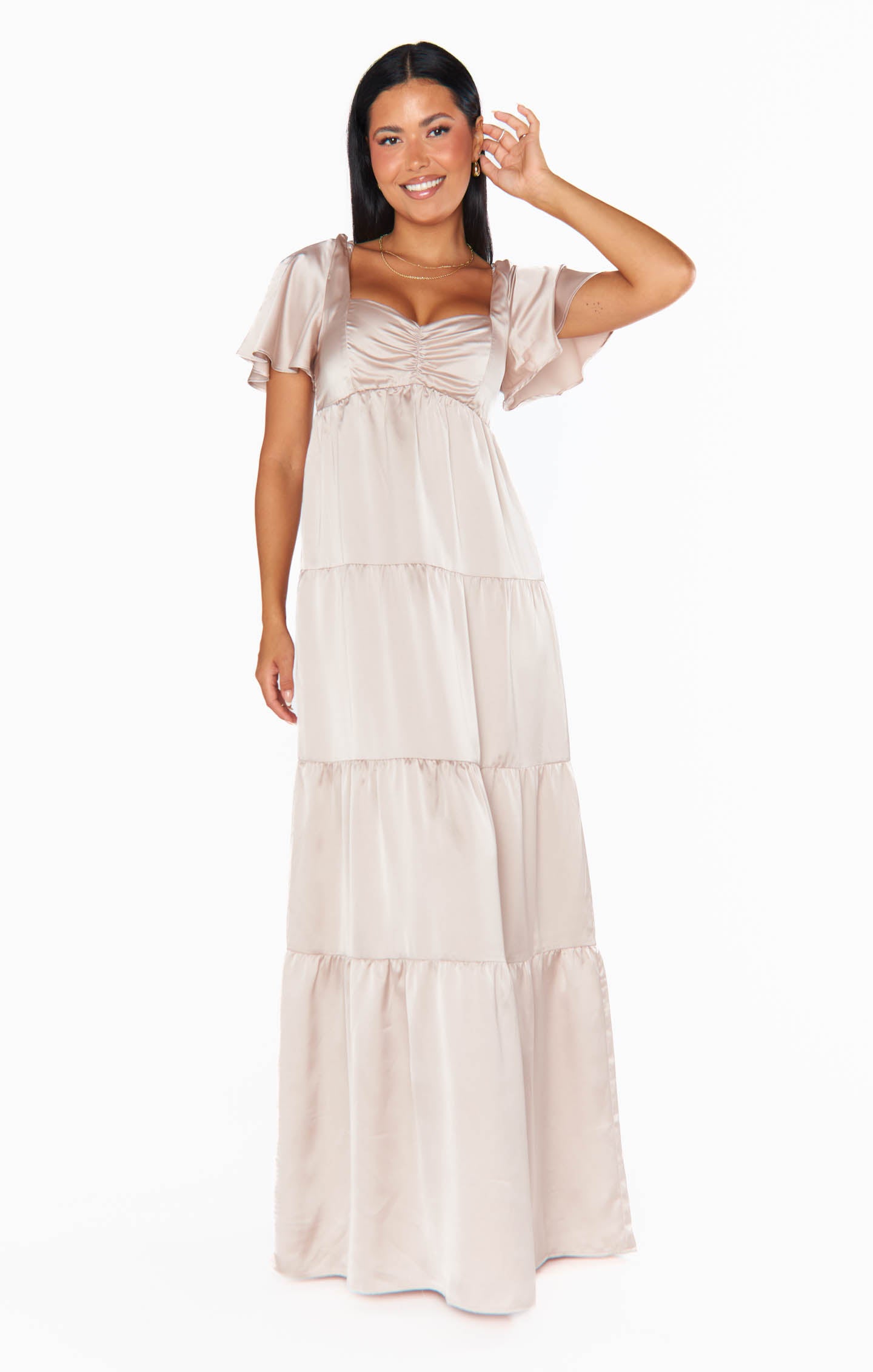 Nicole Luxe Satin Maxi Dress with Smocked Back & Flutter Sleeves