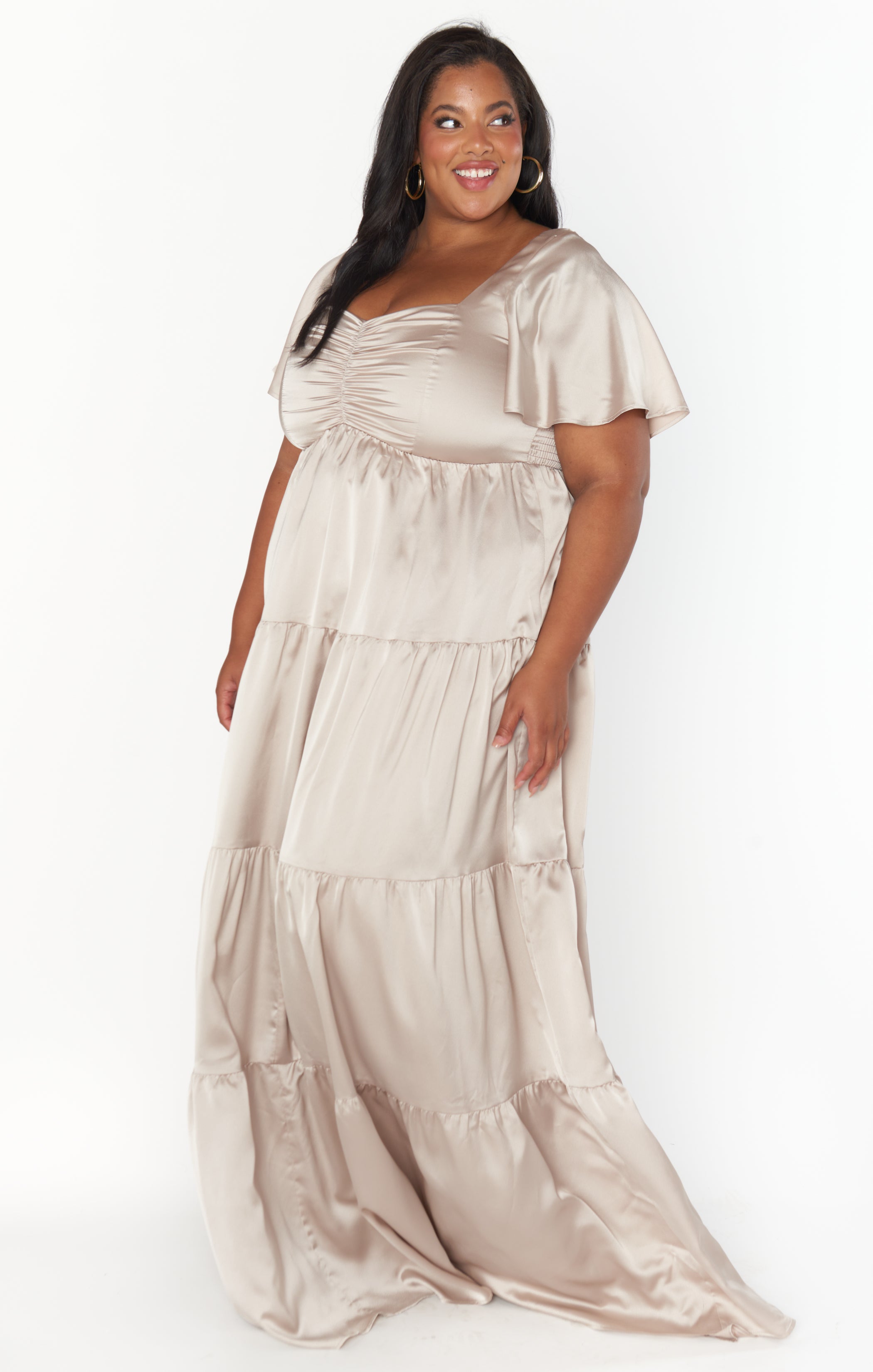 Nicole Luxe Satin Maxi Dress with Smocked Back & Flutter Sleeves