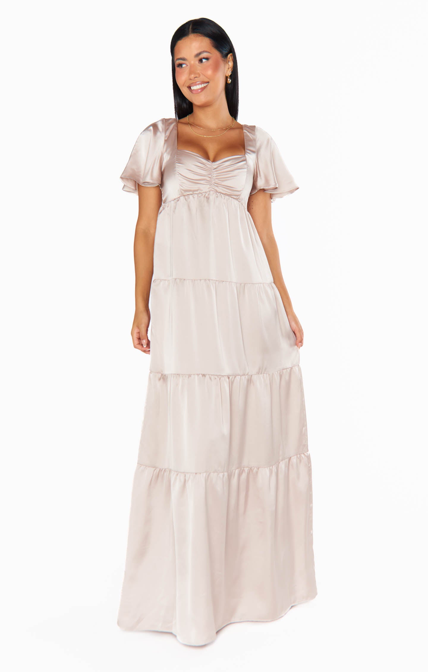 Nicole Luxe Satin Maxi Dress with Smocked Back & Flutter Sleeves