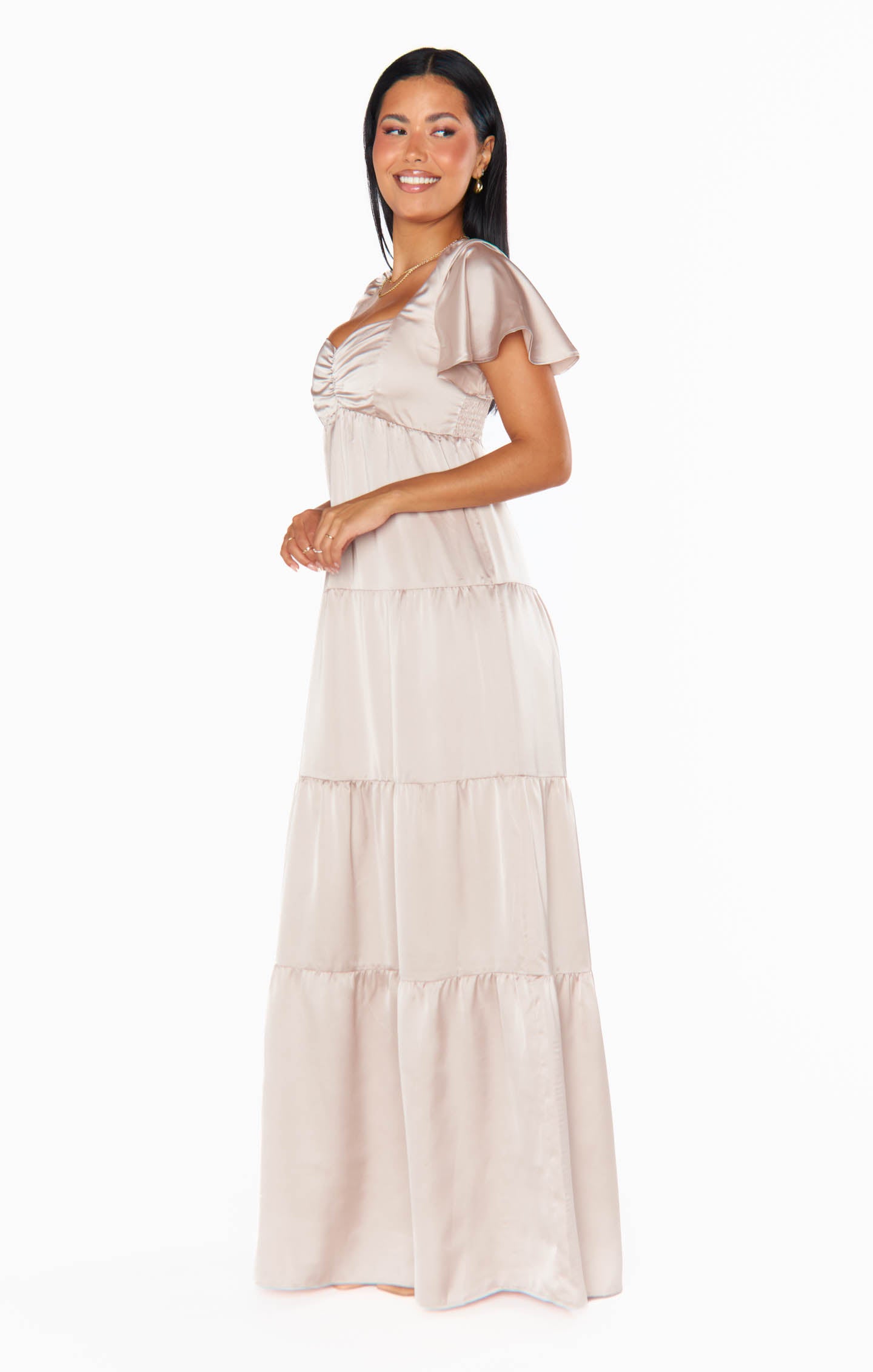Nicole Luxe Satin Maxi Dress with Smocked Back & Flutter Sleeves